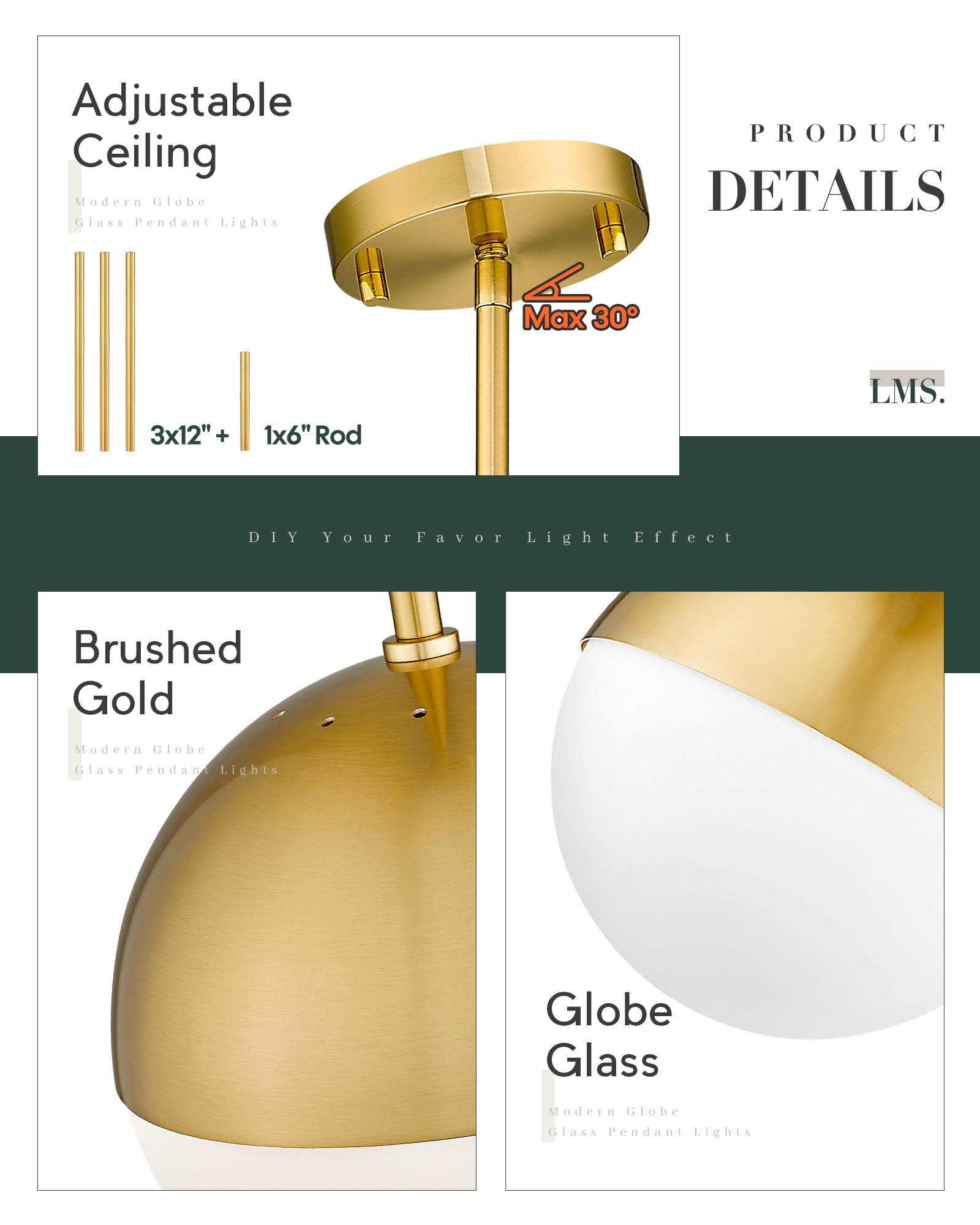 LMS Modern Gold Globe Pendant Light Fixture, 8" Glass Chandelier, Adjustable Indoor Lighting for Kitchen Island, Model LMS-187