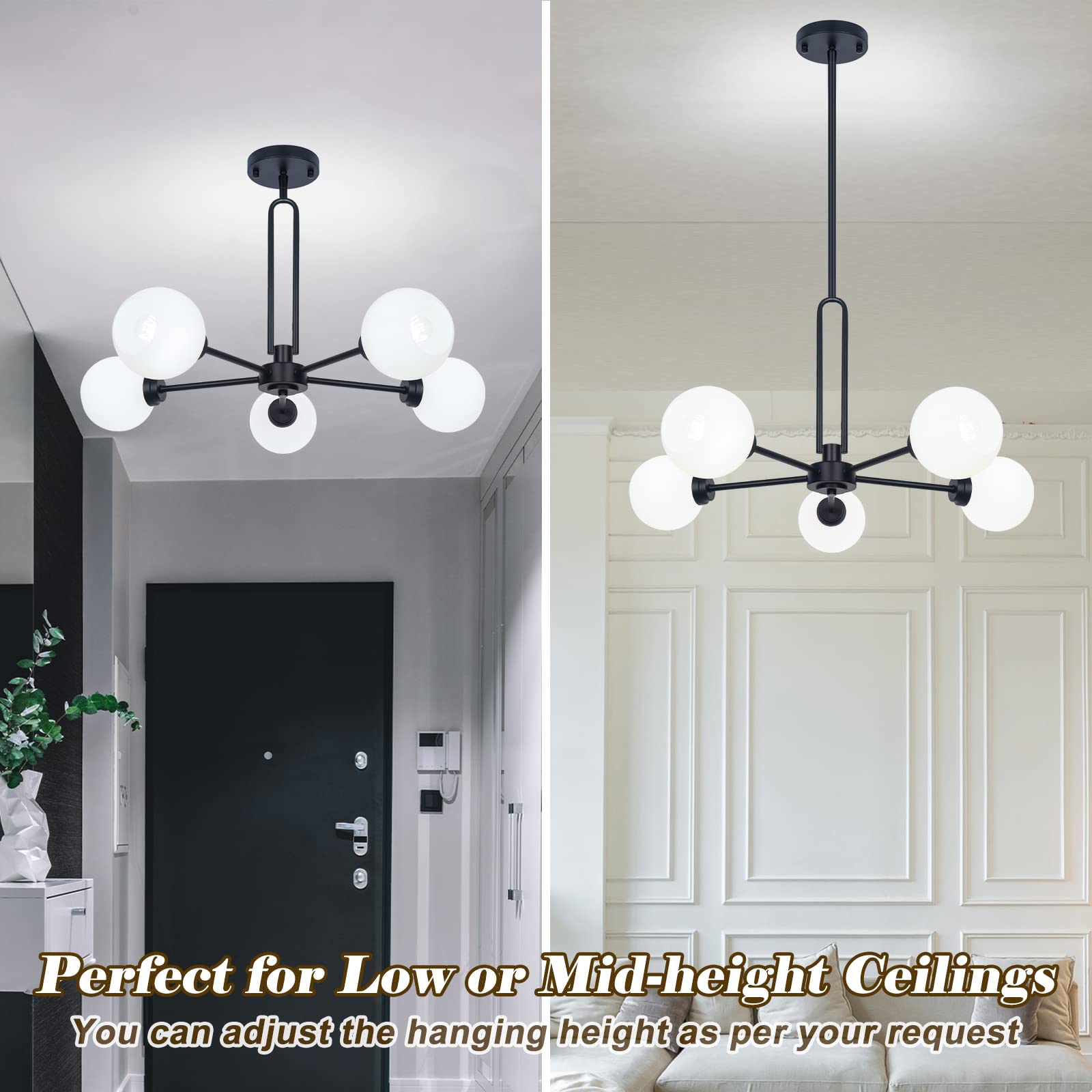 Modern 5-Light Globe Sputnik Chandelier - Large Semi-Flush Dining Room Light, Black Glass Pendant For Kitchen, Living Room, Bedr