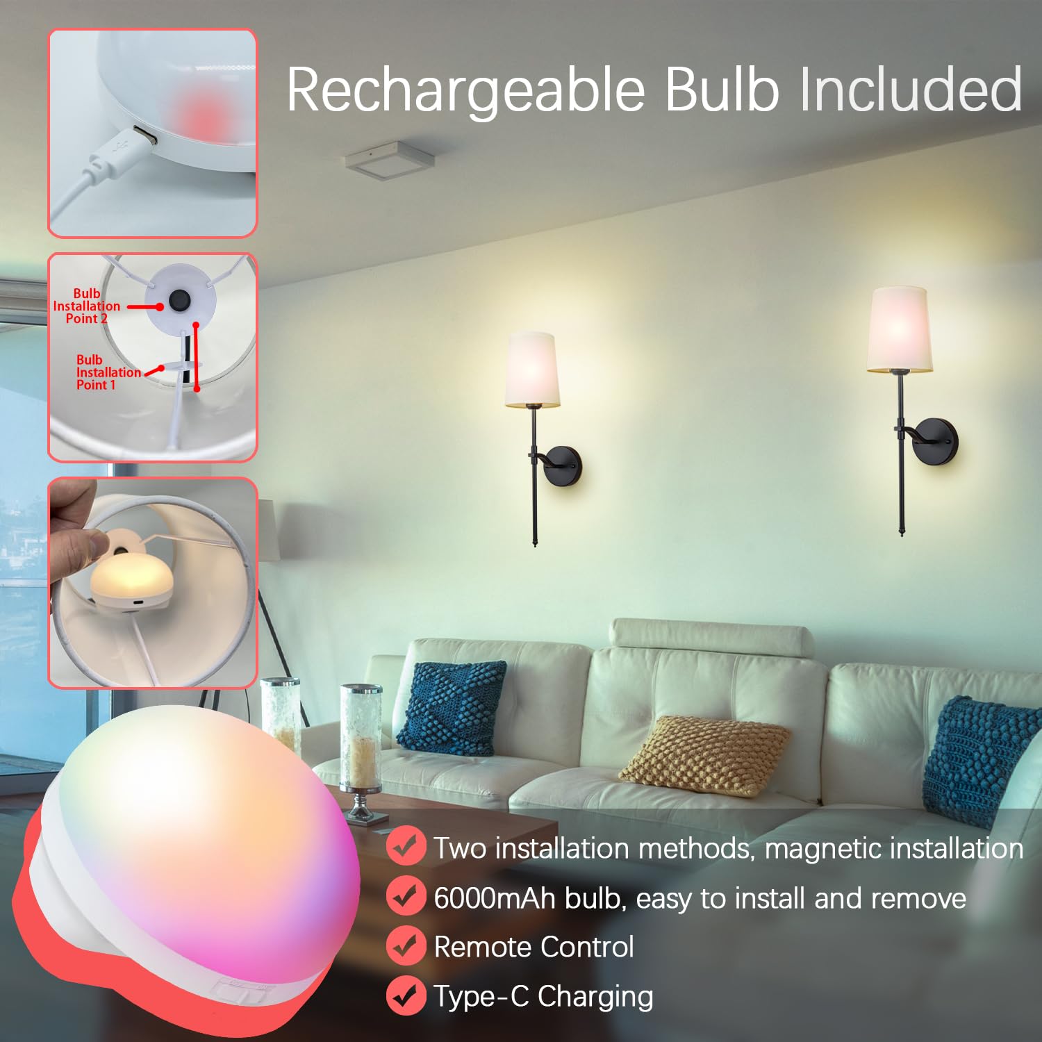 Troconce Wall Lights Battery Operated Wall Sconces Set Of 2, Black Rechargeable Wall Sconce With 15 Rgb Dimmable Detachable Bulb
