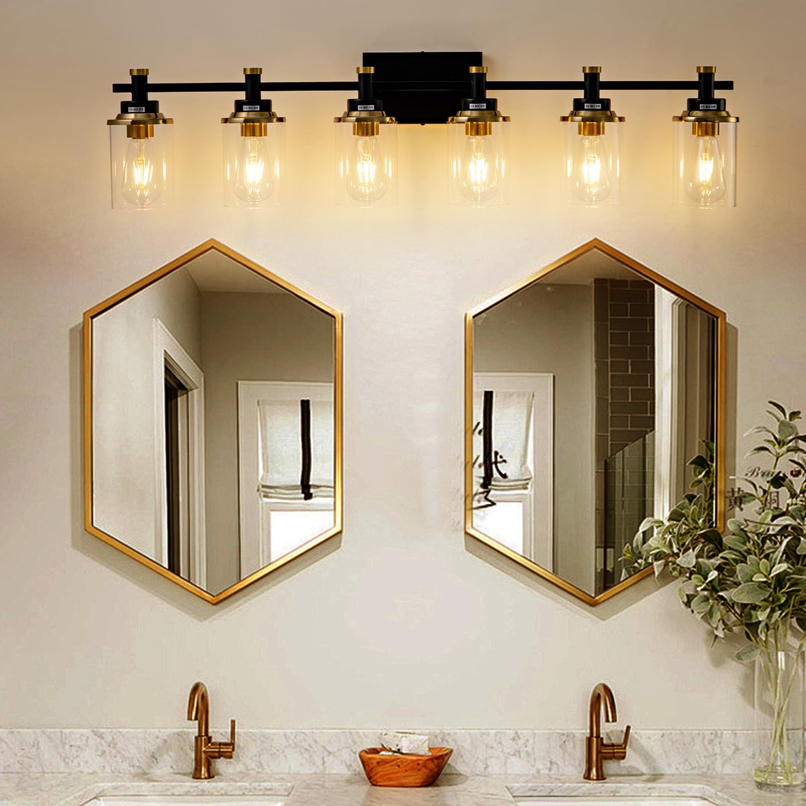 Aixialin 6 Bathroom Vanity Lights, Black And Gold Bathroom Light Fixtures, Sconces Wall Lighting With Clear Glass Shade, Modern