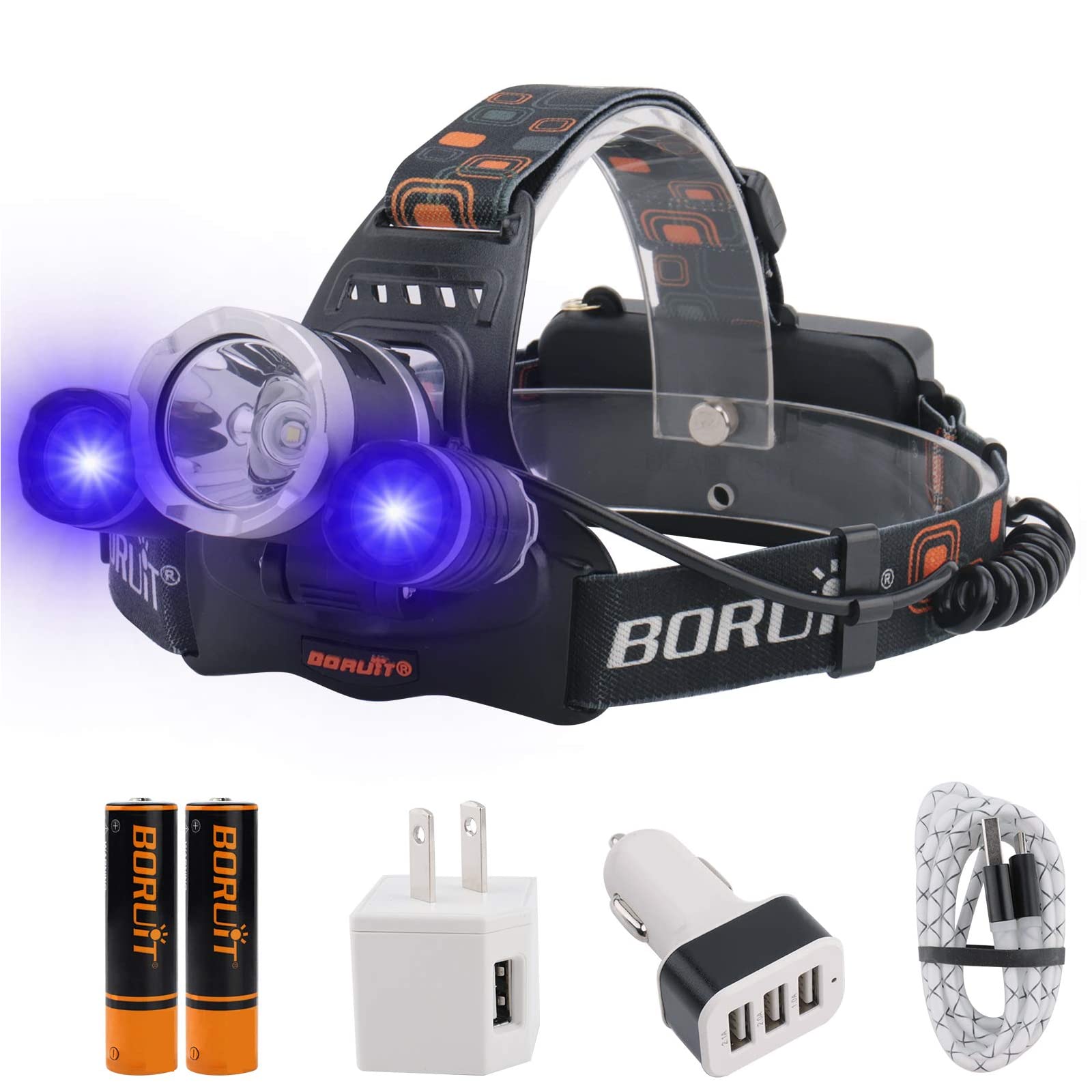 BORUIT RJ-3000 Rechargeable LED Headlamp 5000 Lumens, 3 Modes, IPX4 Waterproof, Purple, Aluminum