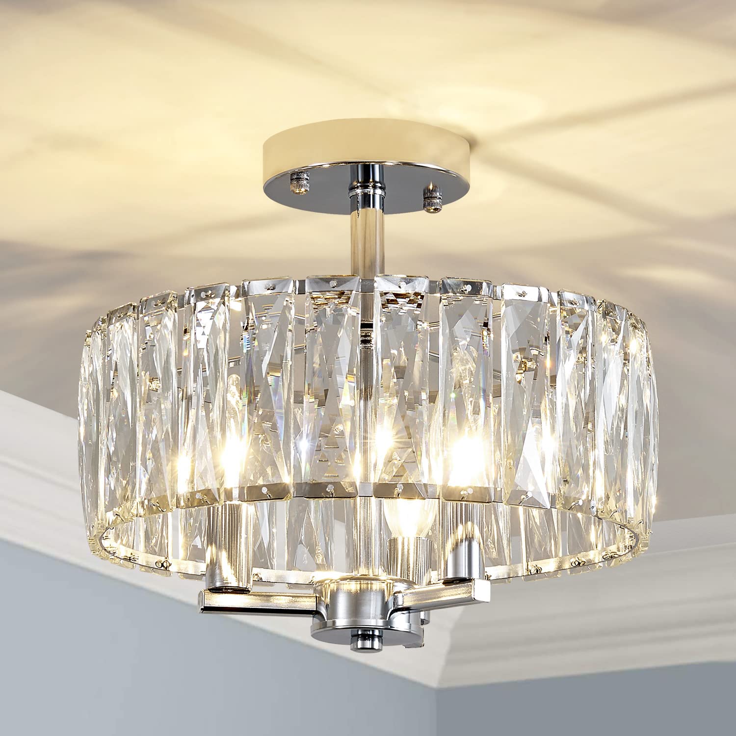 AGV LIGHTING CL003F K9 Crystal Ceiling Light Fixture, Modern Semi Flush Ceiling Lights, Perfect for Living Room, Bedroom, Dining