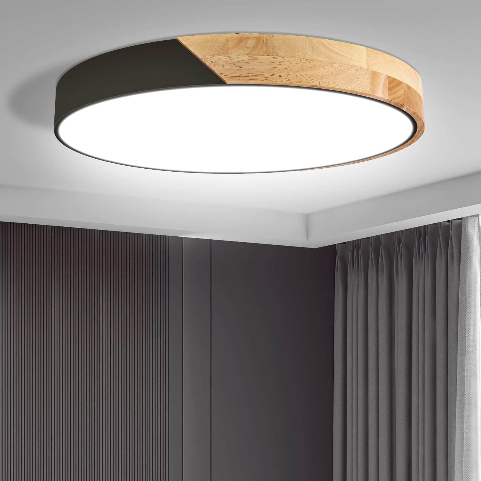 Led Ceiling Light Flush Mount: 15.8 Inch 30W Bedroom Light Fixture With Round Wood Modern Black Flat Overhead Minimalist Ceiling Lamps For Kitchen Hallway Laundry Cold White 6000K, Not Dimmable