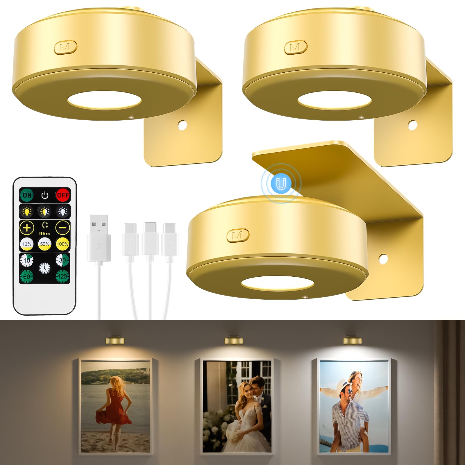 3Pcs Picture Lights With Remote, Wireless Rechargeable Battery Wall Light For Paintings, 3 Colors Paintings Light Dimmable And T