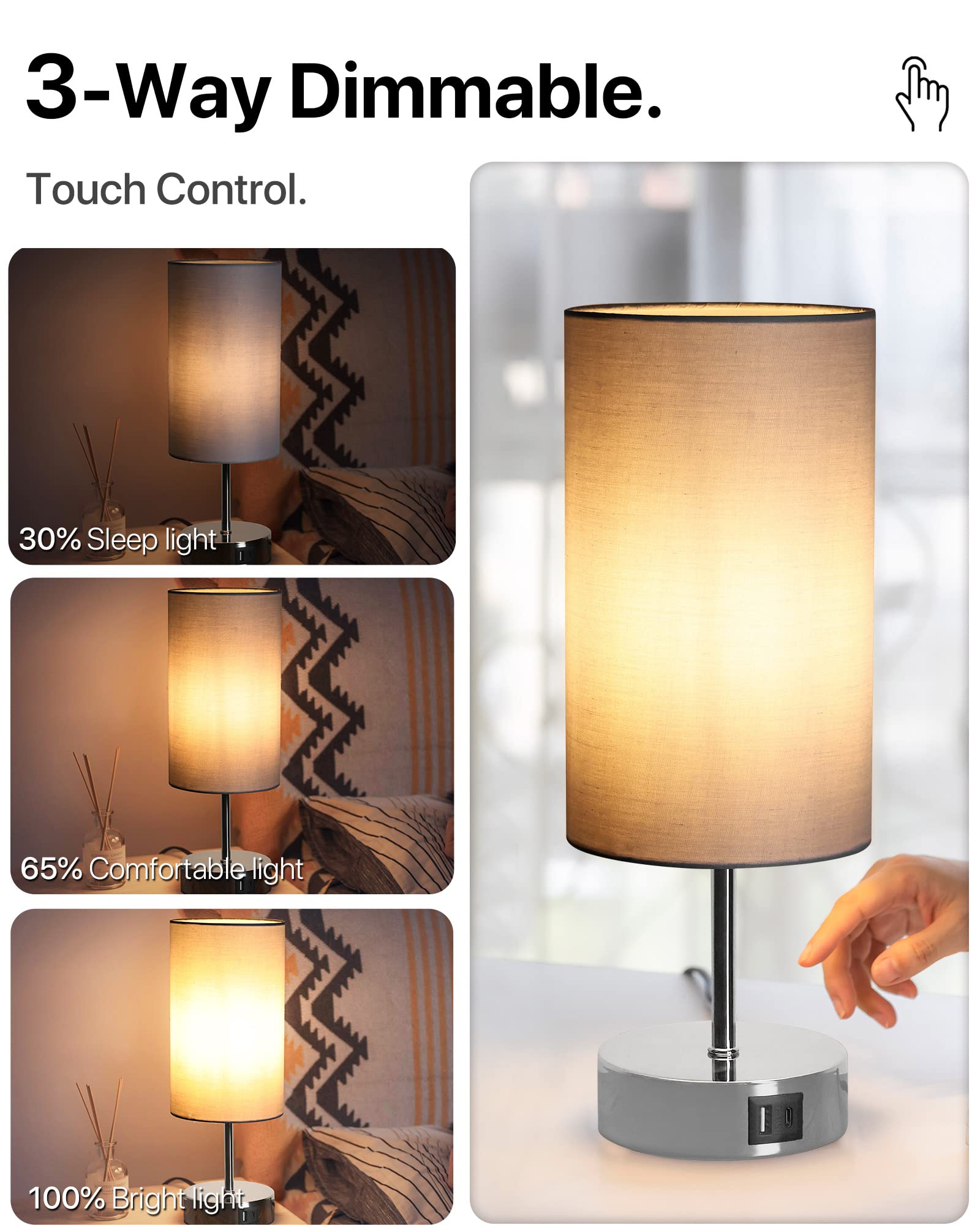 KPQ Touch Control Bedside Lamp with USB & AC Outlet, 3-Way Dimmable, Linen Fabric Shade, Bright Silver/Gray, Model T428