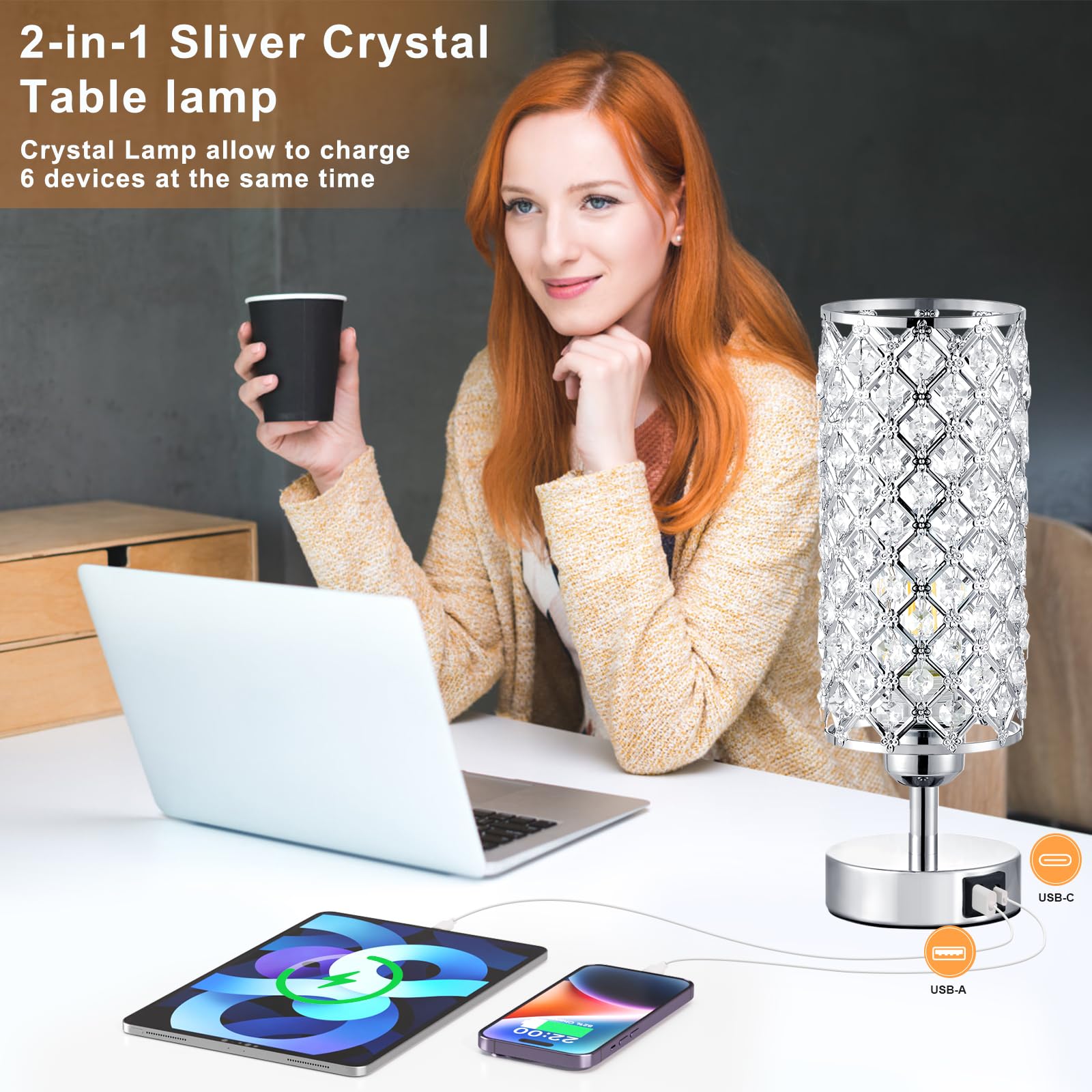 Crystal Touch Lamp With Touch Control, Sliver Table Lamp With Usb-C+A Ports, 3 Way Dimmable Bedside Lamp Decorative Modern Night