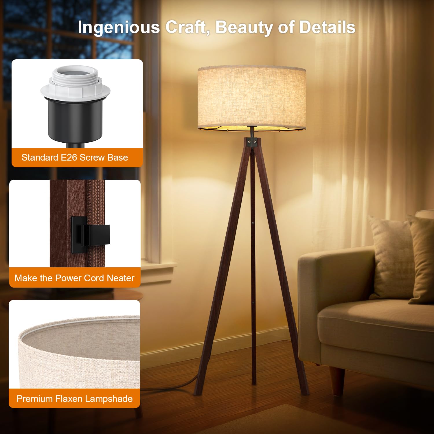 LEPOWER Wood Tripod Floor Lamp, Modern Design, Walnut Color, Model UF1101, Ideal for Living Room, Bedroom, Study, Office