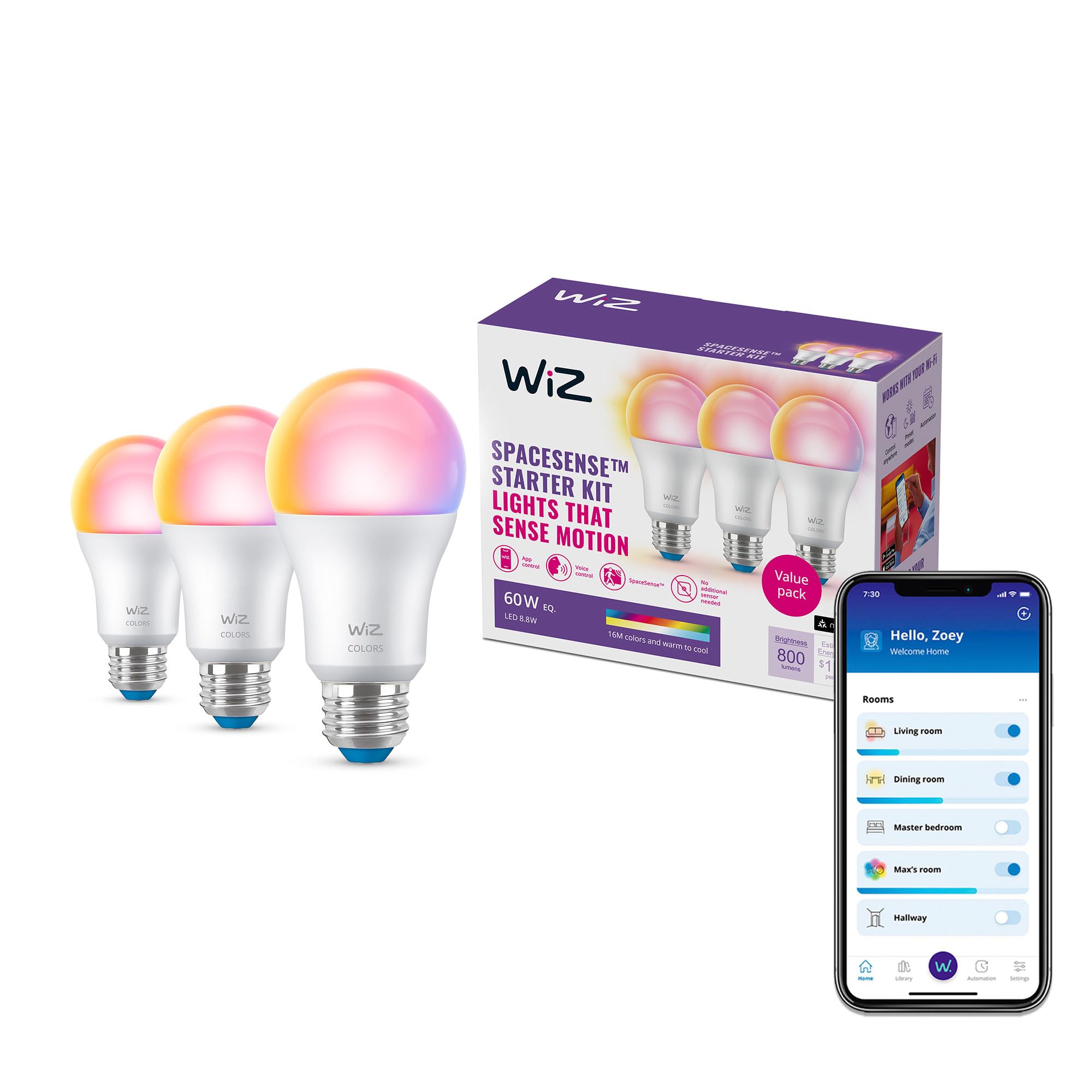 WiZ 60W A19 Smart LED Bulb - Pack of 3 - E26 - White - Matter Compatible - Indoor Use - Model 605634