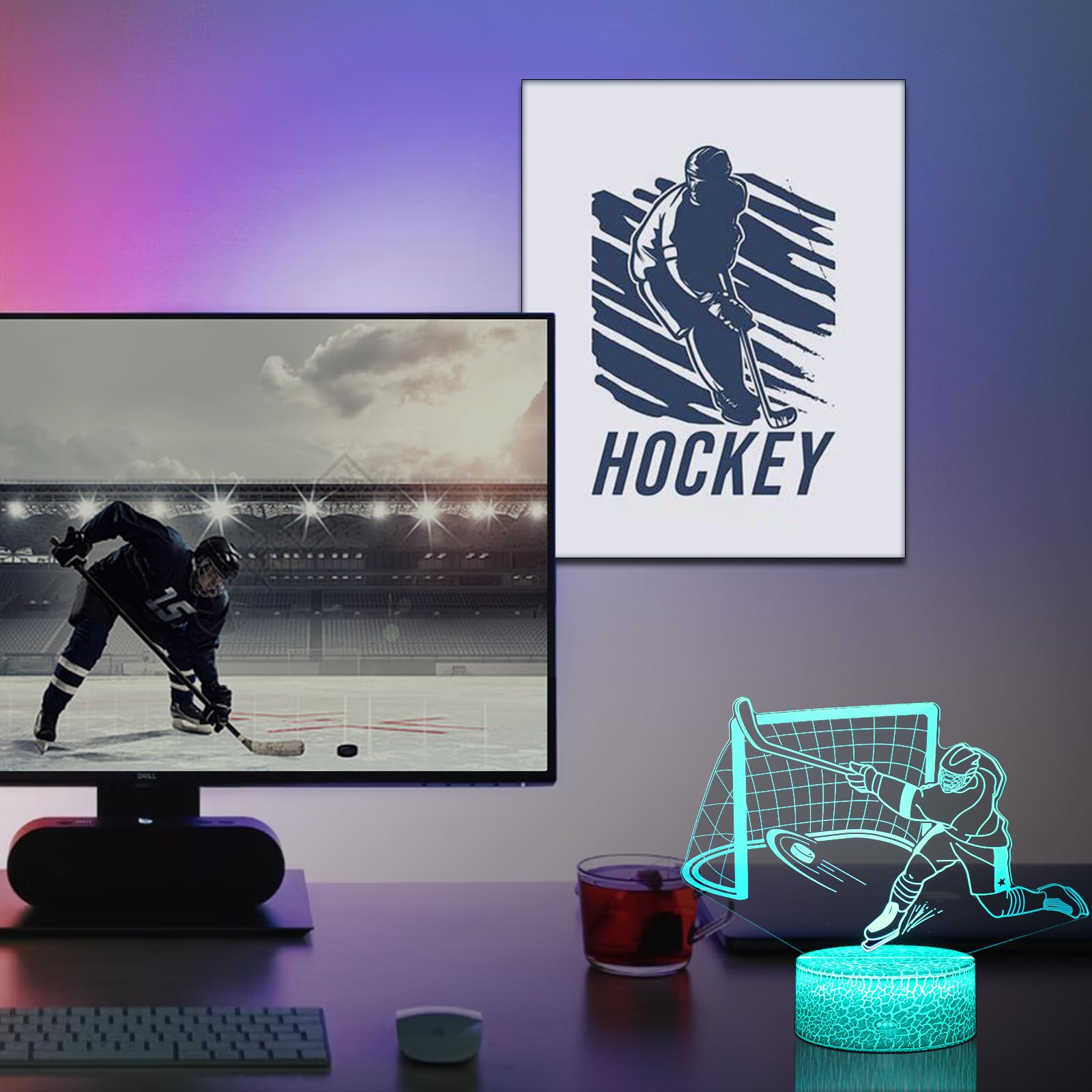 DAHEYMA 3D Ice Hockey Light Illusion, 16 Colors LED Night Light - Touch and Remote Control, Timer Tpye-C Dimmable Hockey Lamp, R