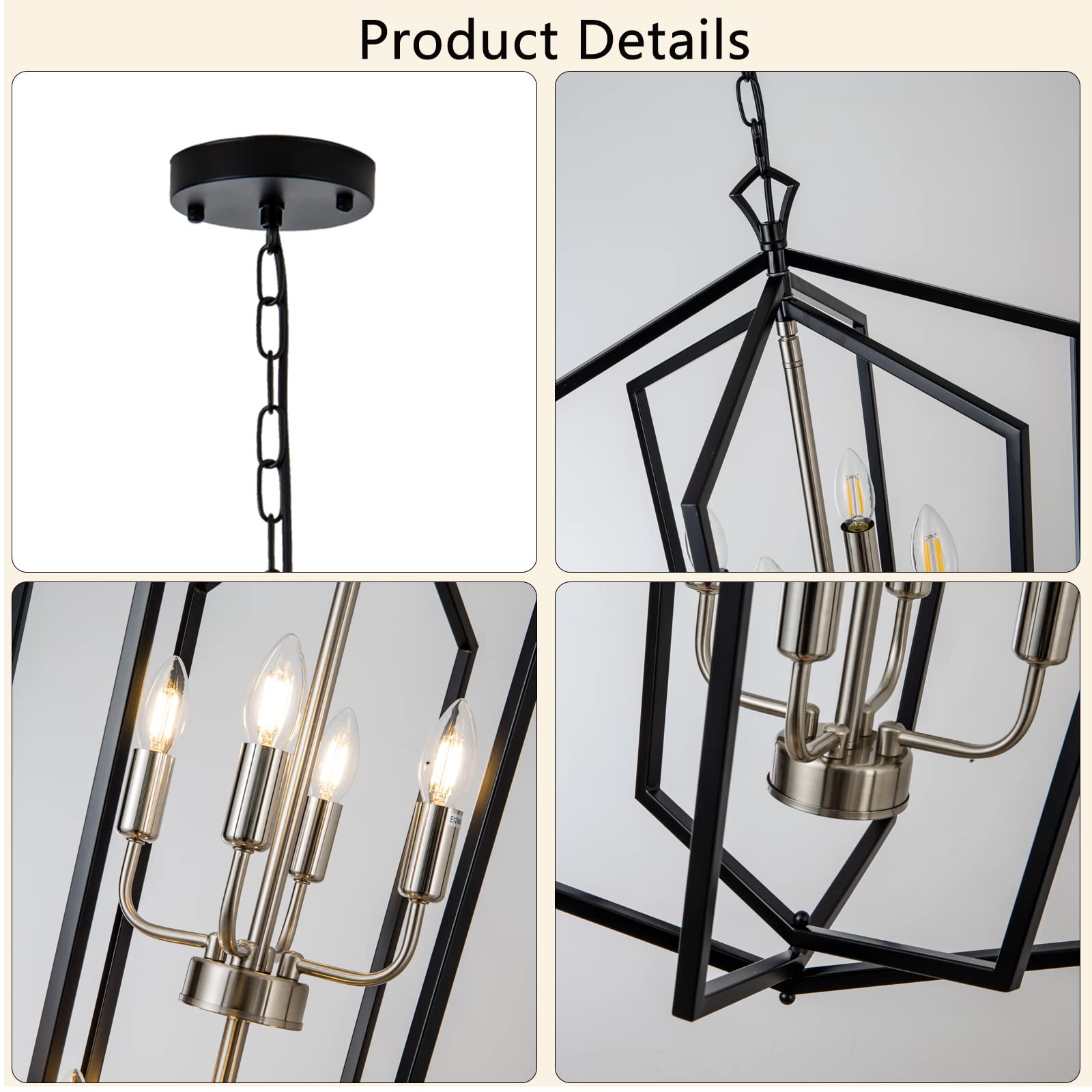Lanhall 8-Light Metal Lantern Chandelier Pendant Light Fixture for Kitchen, Dining, Living Room - Black & Brushed Nickel, Model 500-100-1050