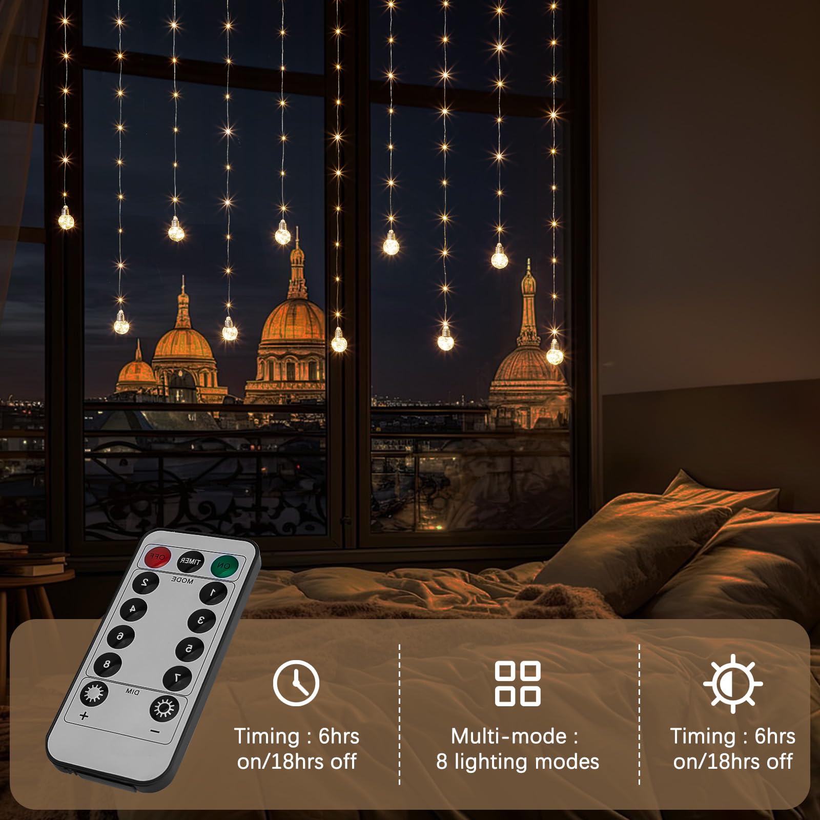 Minetom 185 Led Curtain Fairy Lights - 9.8 Ft Wishing Ball Window Hanging Lights With Remote, Usb Powered Waterproof For Christmas Wedding Bedroom Decoration, Warm White