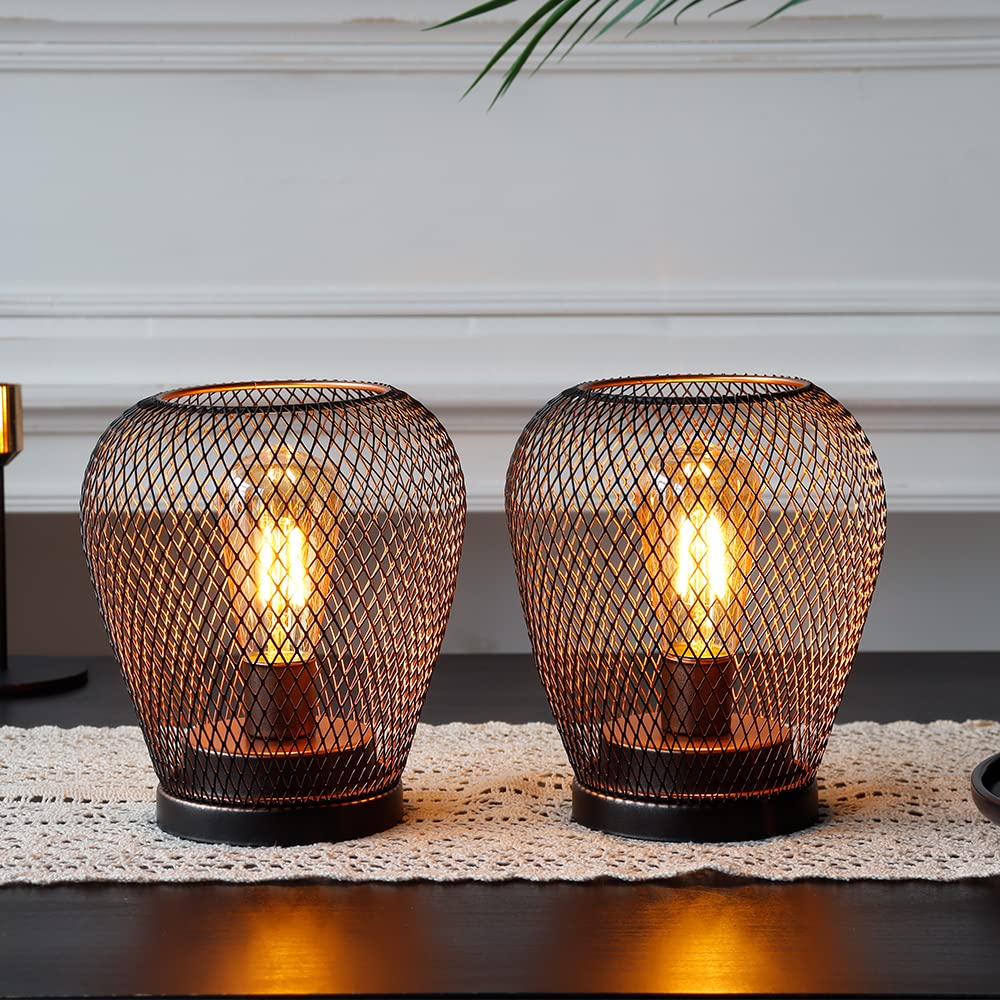 Jhy Design Set Of 2 Metal Cage Led Lantern Battery Powered Lamp Cordless Accent Light With Led Edsion Style Bulb Great For Weddi