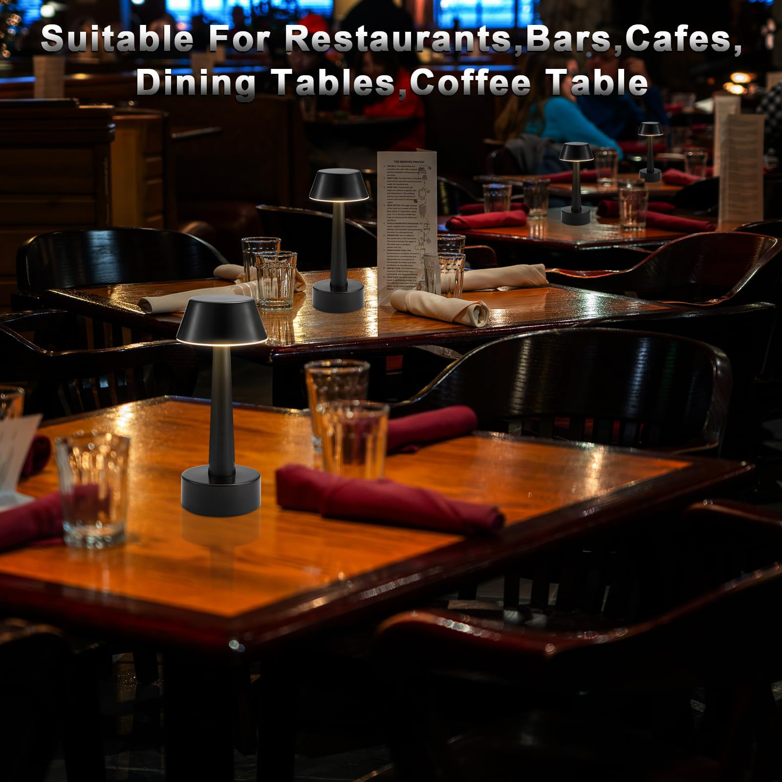 2 Pack Small Cordless Table Lamp, Battery Operated Black Lamp For Restaurant Dinner Table, Rechargeable 3-Way Dimmable Touch Lig