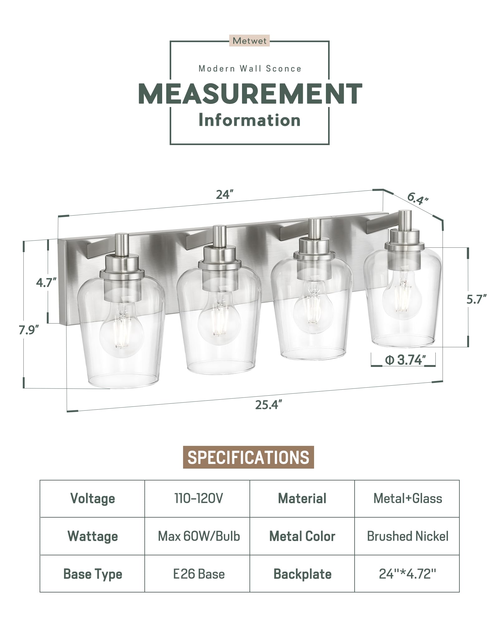 METWET 4-Light Bathroom Vanity Light Fixtures, Brushed Nickel, Clear Glass Wine Glass Shade, Model VL155-BN-4