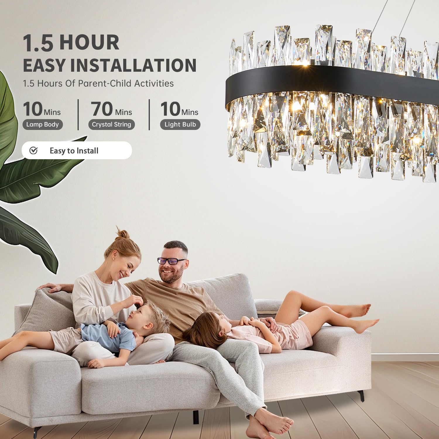 TMAFON Modern Black Crystal Chandelier, K9 Crystal, Rectangle, 57 inches, for Dining Room and Kitchen Island