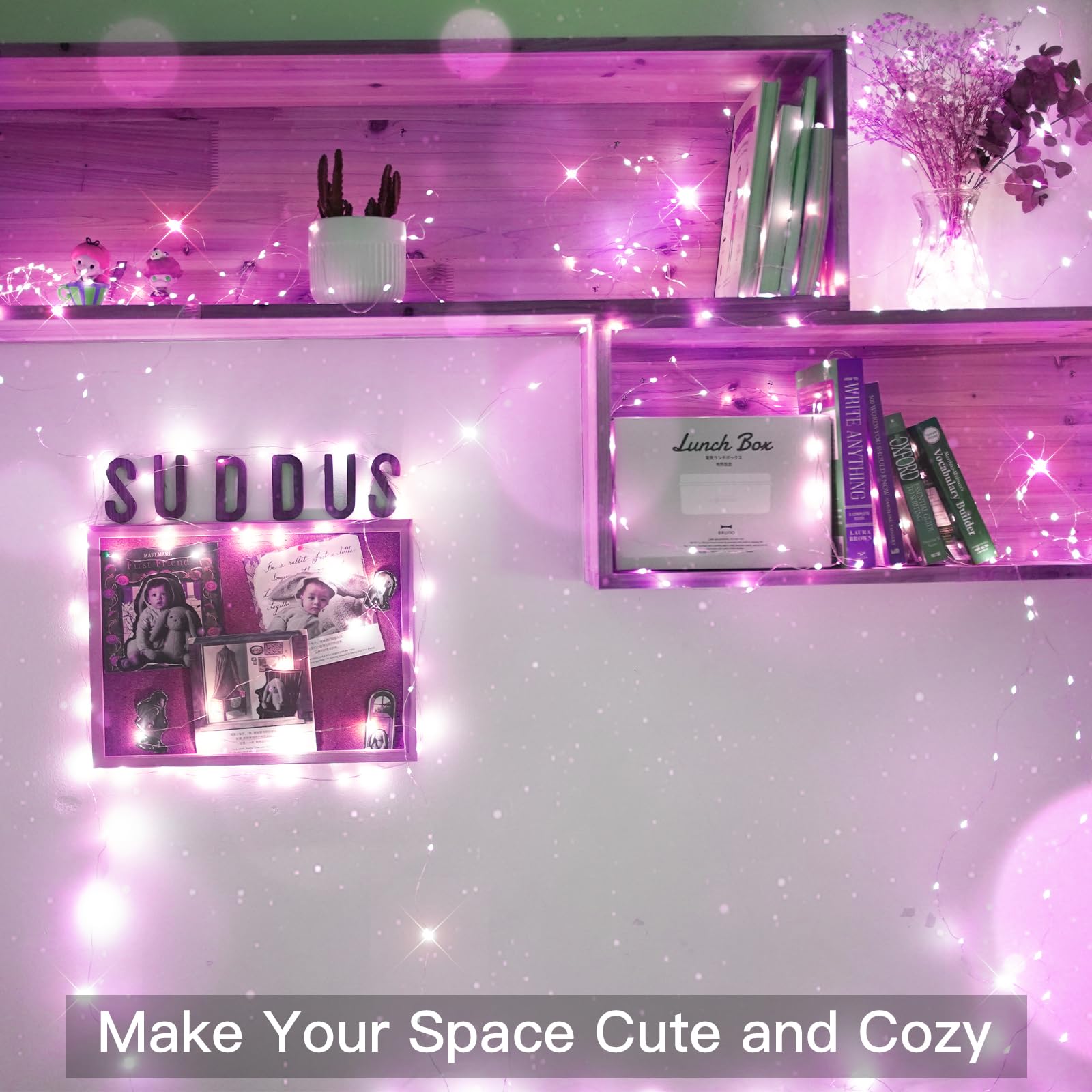 suddus Pink Fairy Lights Battery Operated Outdoor Waterproof, 66ft 200 Led String Lights with Remote, Twinkle Lights for Valenti