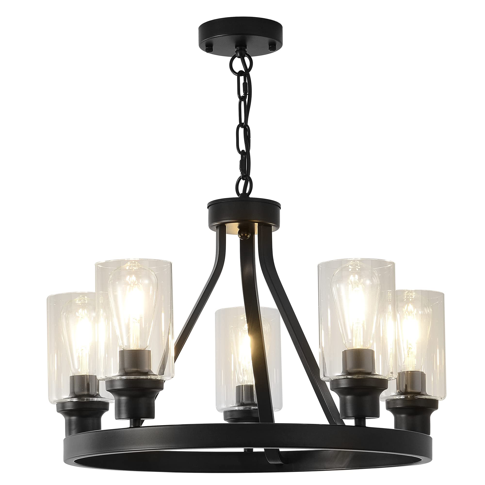 Sivilynus Farmhouse Chandelier Lighting Round 5 Lights Black with Glass Shade Ceiling Hanging Vintage Rustic Light Fixture for D
