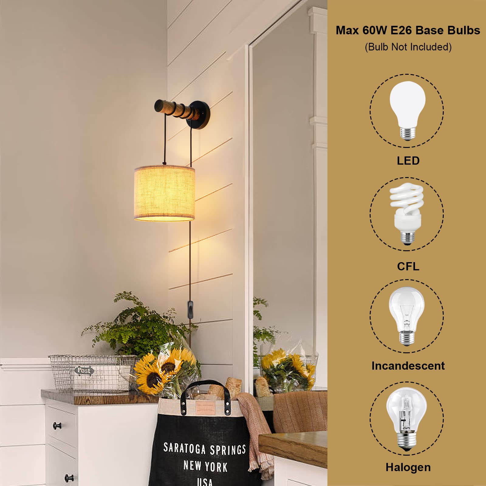 XSDeTu Wall Sconces Set of Two, Rustic Plug-In Lamps with Wood Arm & Fabric Shade, White, Perfect for Bedroom & Living Room