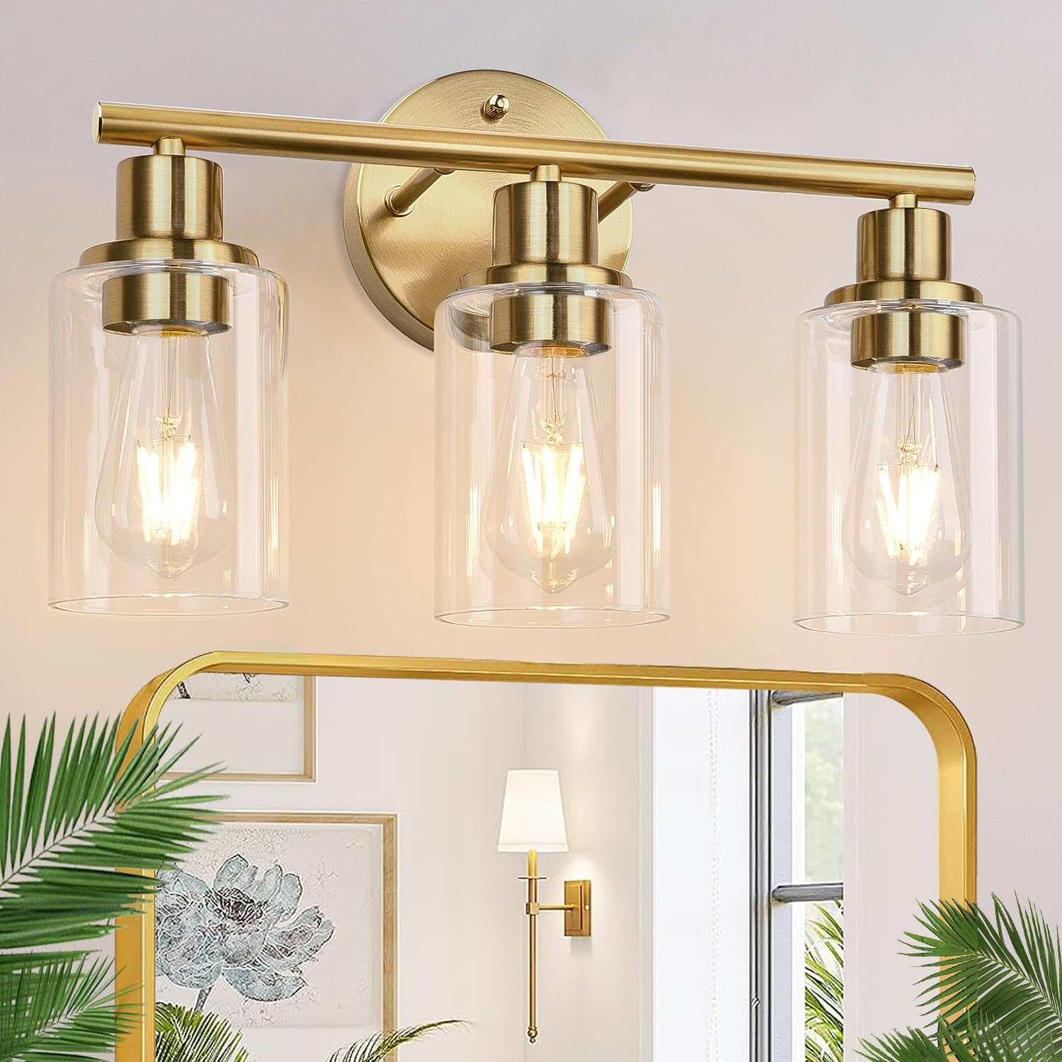 Zarbitta 3-Light Bathroom Vanity Light Fixtures, Brushed Gold Metal with Clear Glass Shade