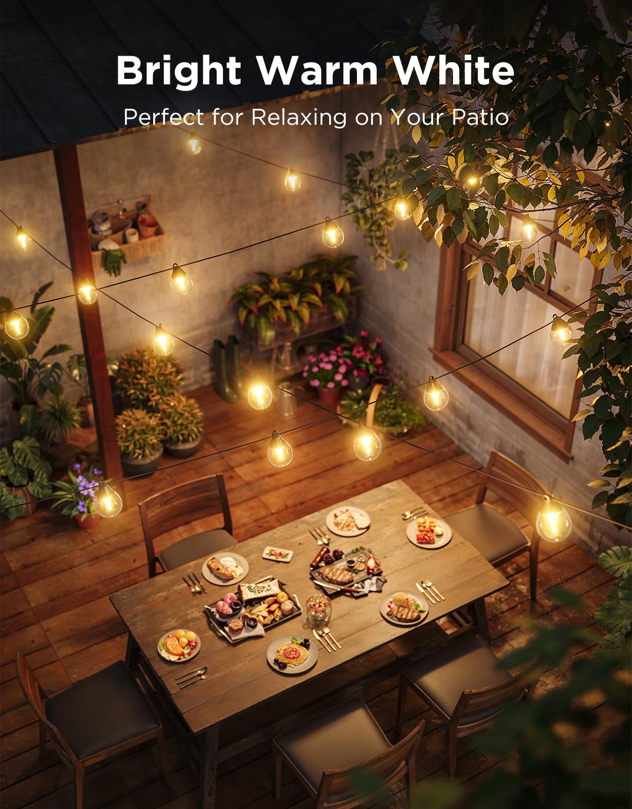 Govee Outdoor String Lights, 48ft RGBWIC, 15 Dimmable Warm White Bulbs, IP67 Waterproof, Works with Alexa & Google, Model H7025