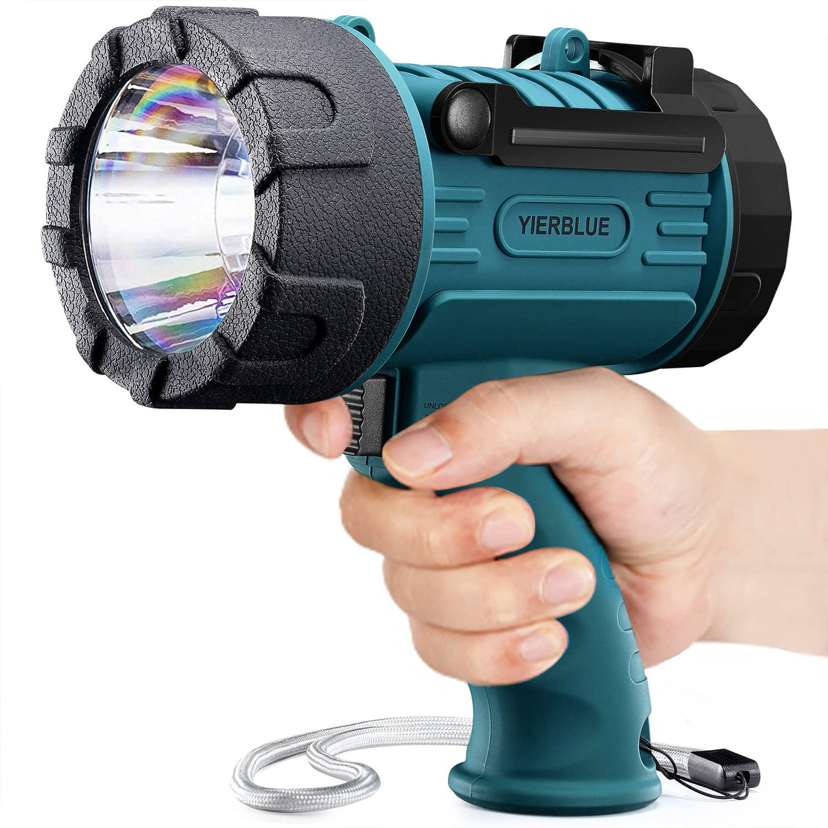 YIERBLUE Rechargeable Spotlight Flashlight with 1000,000 Lumen LED, IP67 Waterproof Long Running Spot Light searchlight, Impact 