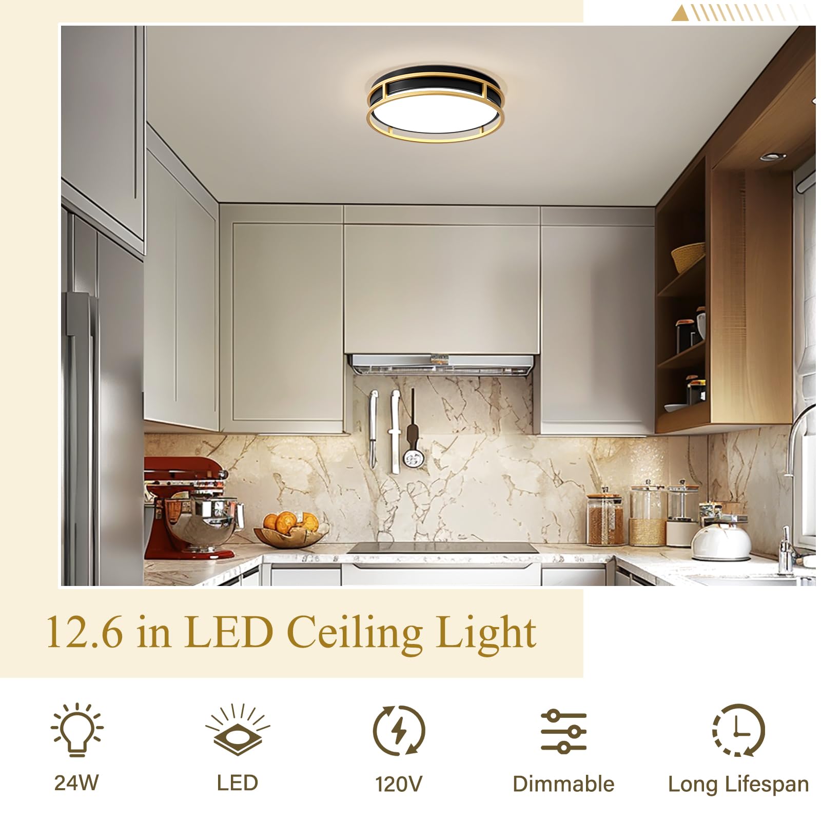 Pevfah Modern Flush Mount Ceiling Light, Dimmable LED, 12.6in, Black and Gold, Model PH240705002