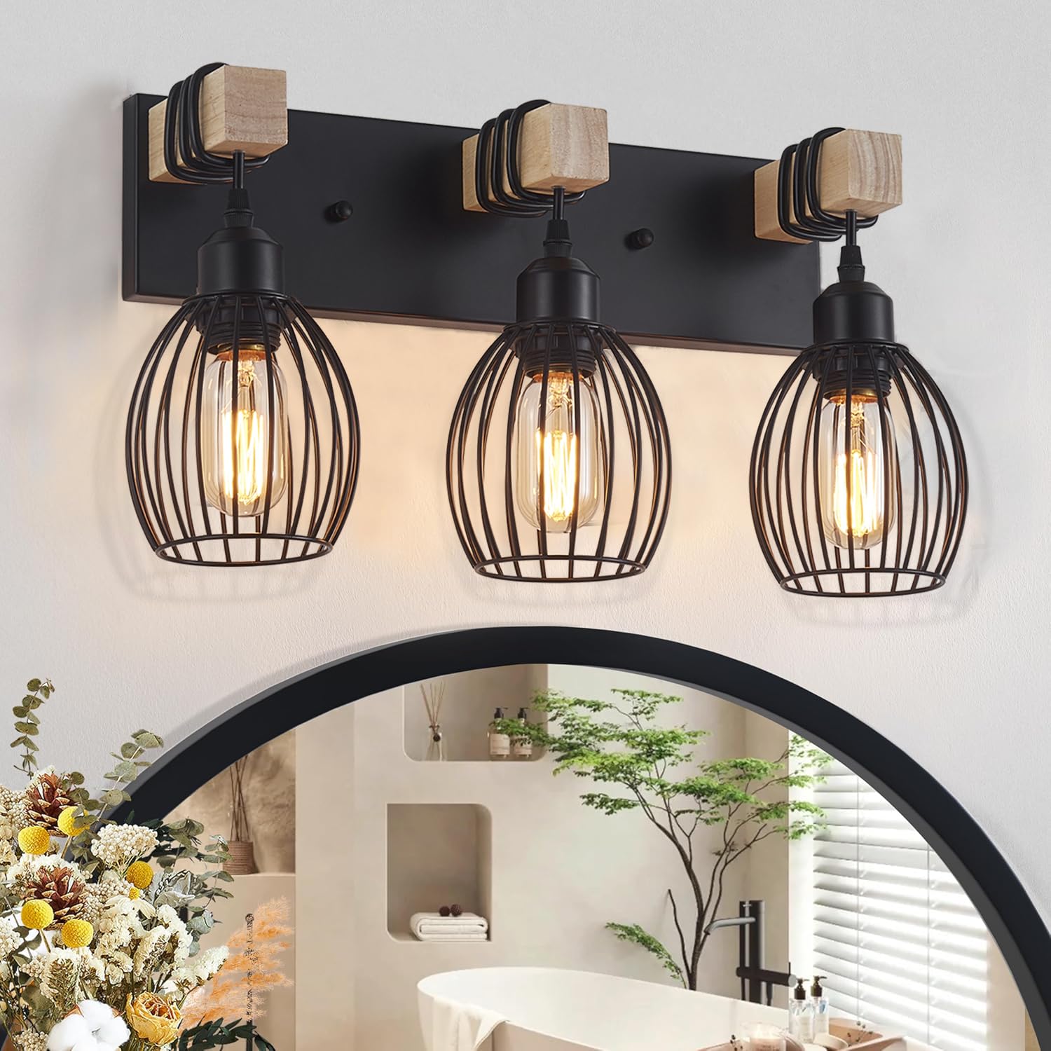 A1A9 3-Light Farmhouse Vanity Light for Bathroom  Wood Wall Sconce with Elegant Teardrop Cage  Industrial Black Vanity Lights Over Mirror for Living Room Bedroom Hallway