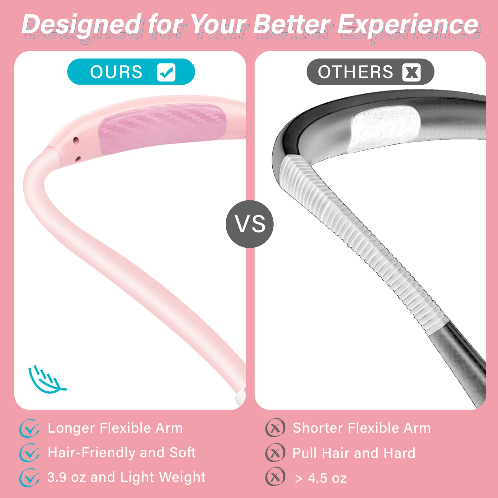 Vekkia Rechargeable LED Neck Reading Light, 3 Brightness Levels, Flexible Silicone Arms, Pink, Model 4LED-NL