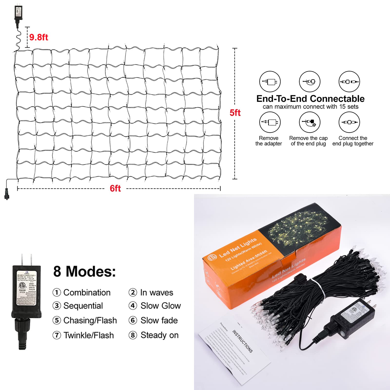 120Led Christmas Net Lights Outdoor 5Ft X 6Ft Connectable, 8 Modes Net Mesh Lights Waterproof Black Wire, 29V Plug In Mesh Net L