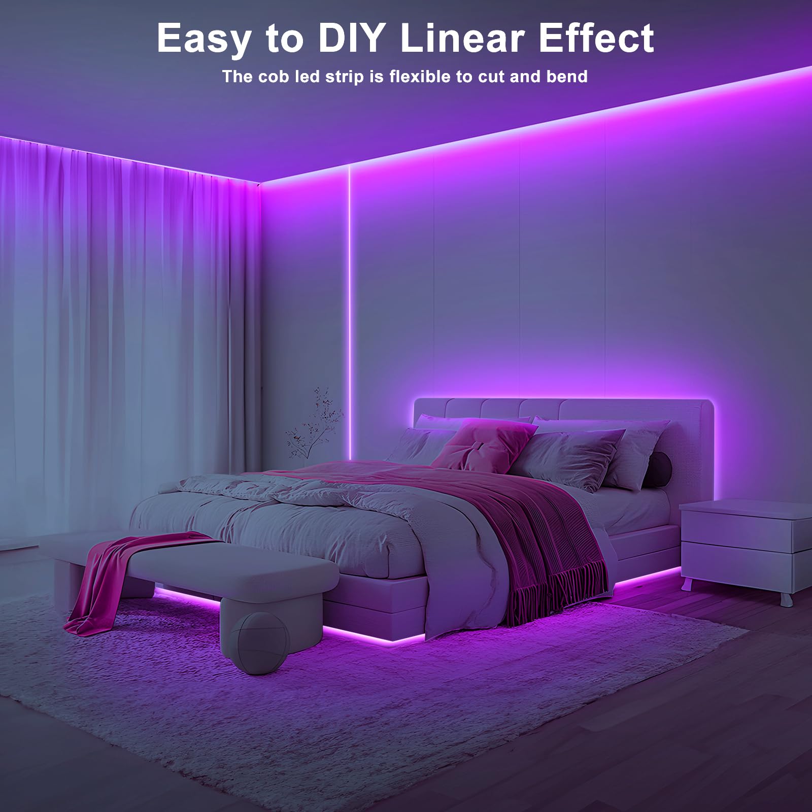 Tatazone 16.4Ft Purple Cob Led Strip Lights With Remote, Dimmable Bright Dotless Adhesive Indoor Led Cob Light Strip For Cabinet