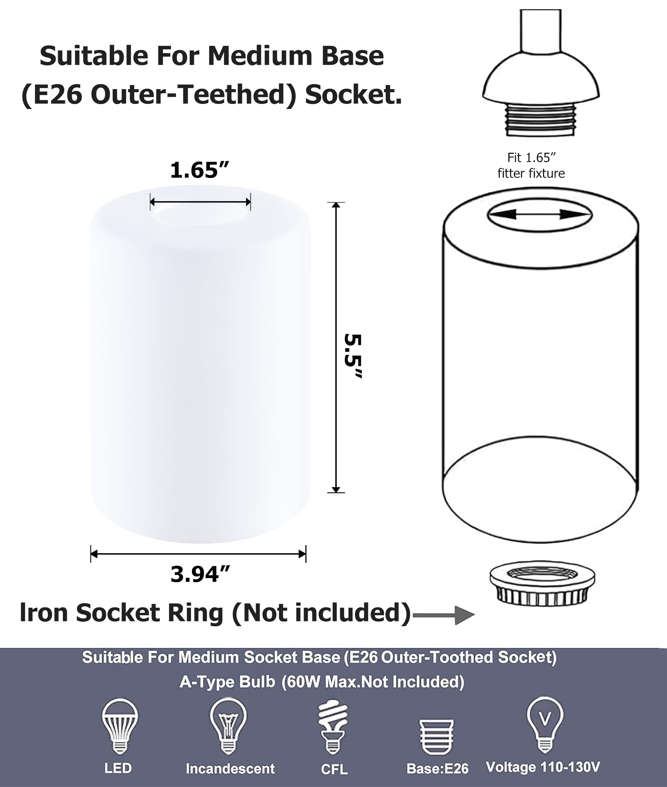 6 Pack White Frosted Glass Shade For Light Fixtures,Cylinder Glass Light Shade Replacement,5.5"Height,3.54"Diameter,1.65"Fitter - Lamp Shades For Floor Lamps,Bedside,Chandelier,Wall Sconces -By Go&So