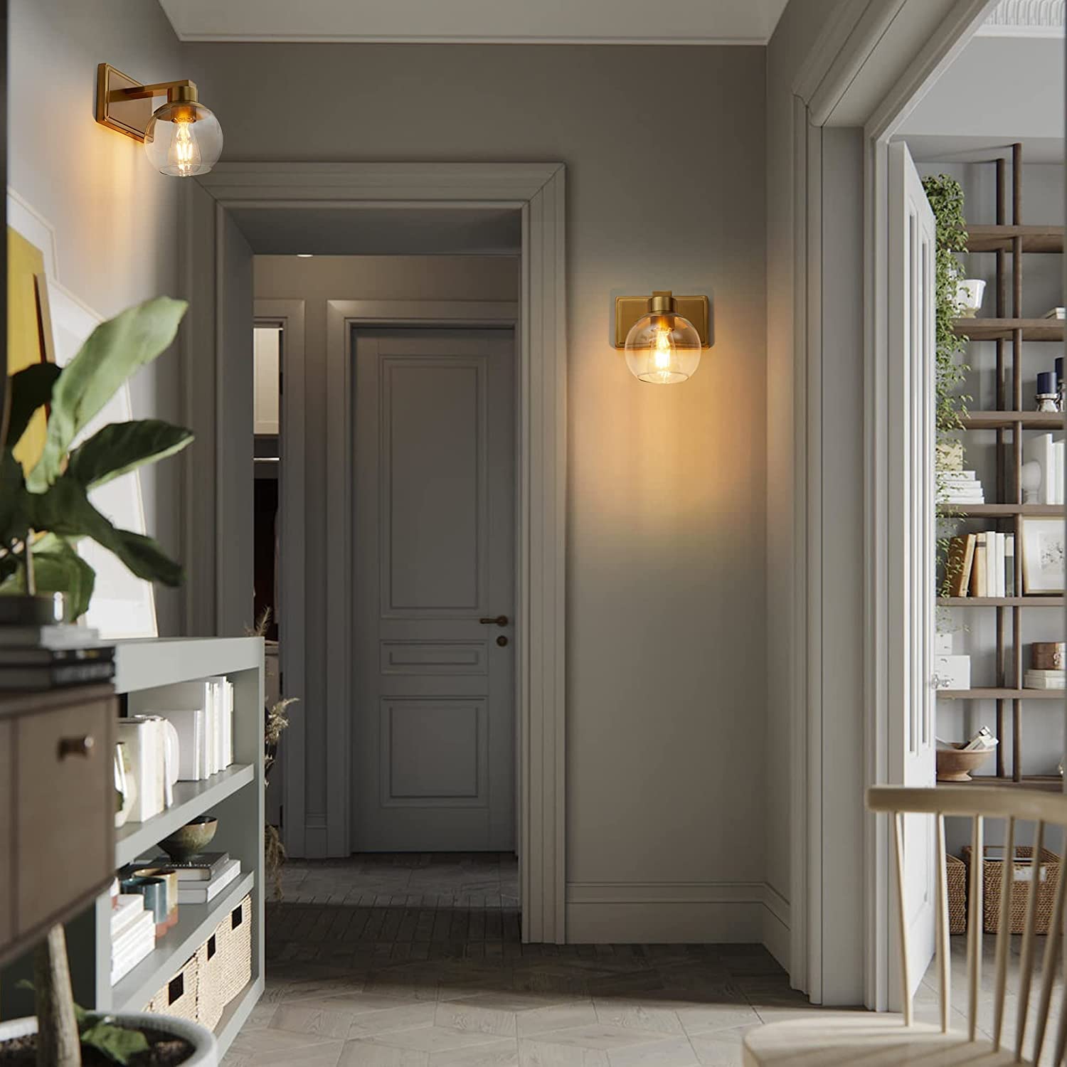 Pazala 2 Pack Brushed Brass Sconces Wall Lighting Set Of 2 For Bedroom Bathroom Wall Lights Fixtures, Clear Globe Glass Lamp,Wal