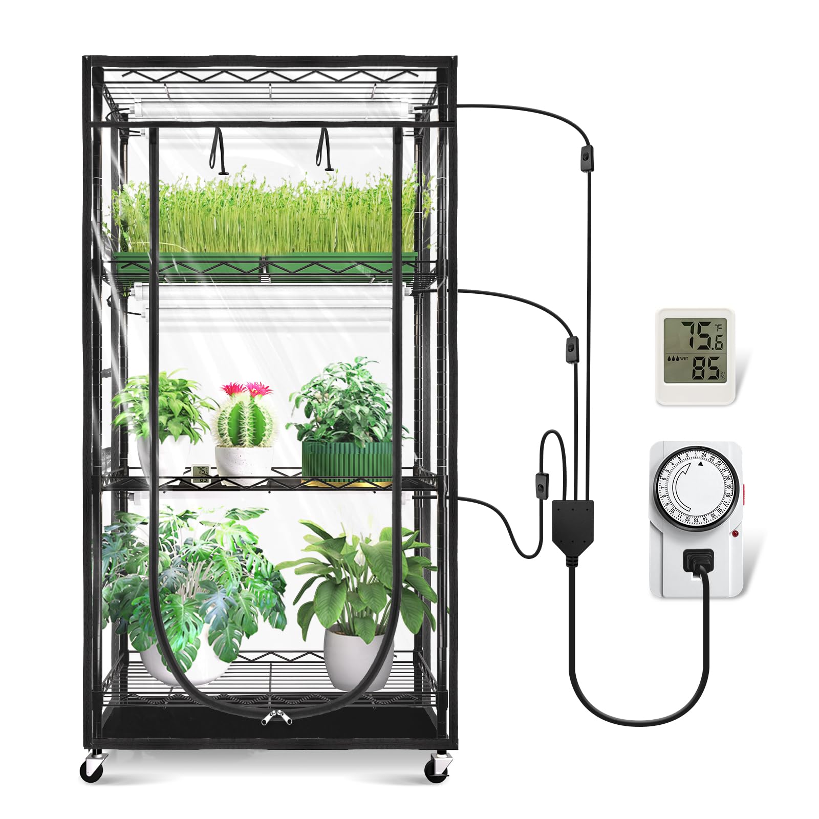 JESLED Indoor Greenhouse with Grow Light, 5000K LED, 23.6x13.8x59in, Black, Model JD0519BB, Built-in Timer & Therm