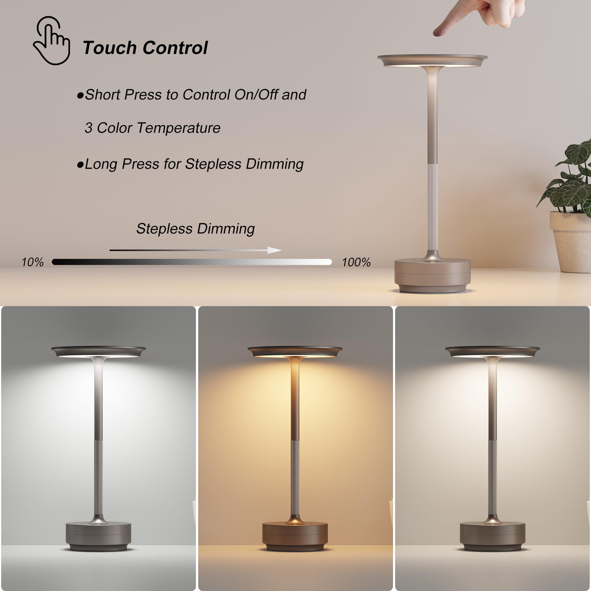 TBBGA Rechargeable Cordless Table Lamps, 3 Color Dimming, 5000mAh, Aluminum, Champagne Gold, Model T106C, 2 Pack