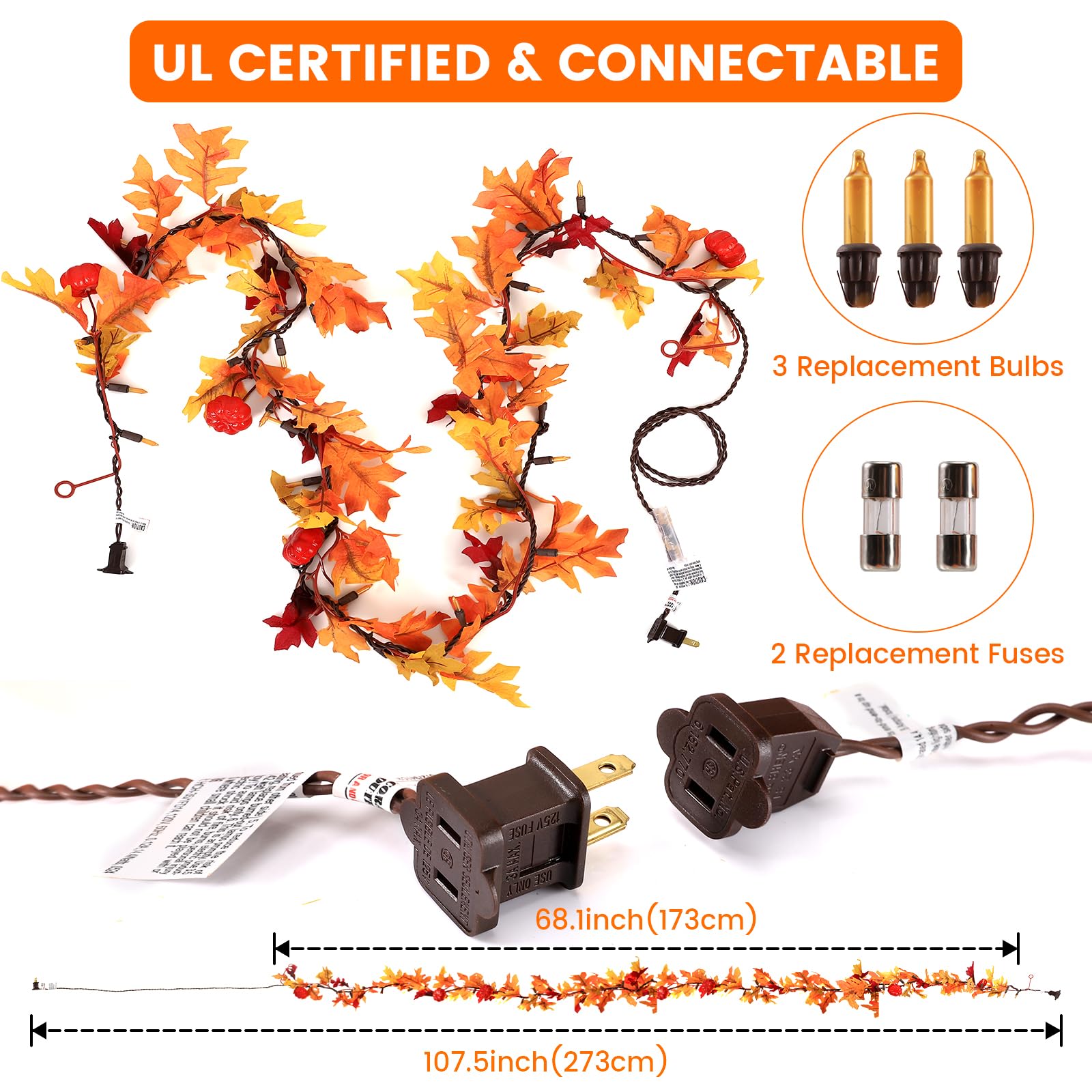 Thanksgiving Decorations Fall Maple Leaf String Lights Plug In, 8Ft Fall Leaves Garland With Lights, 35 Orange Bulbs Lighted Fall Garland Lights For Halloween Garland Outdoor Thanksgiving Décor