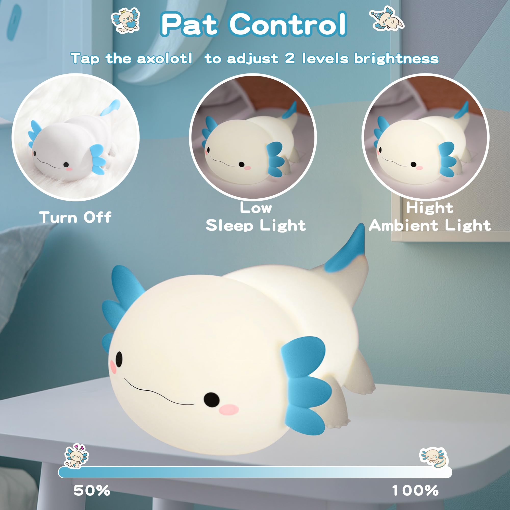 MOKYDUO Axolotl Night Light, Silicone, 2-Level Brightness, Touch Control, 20-Min Timer, Blue