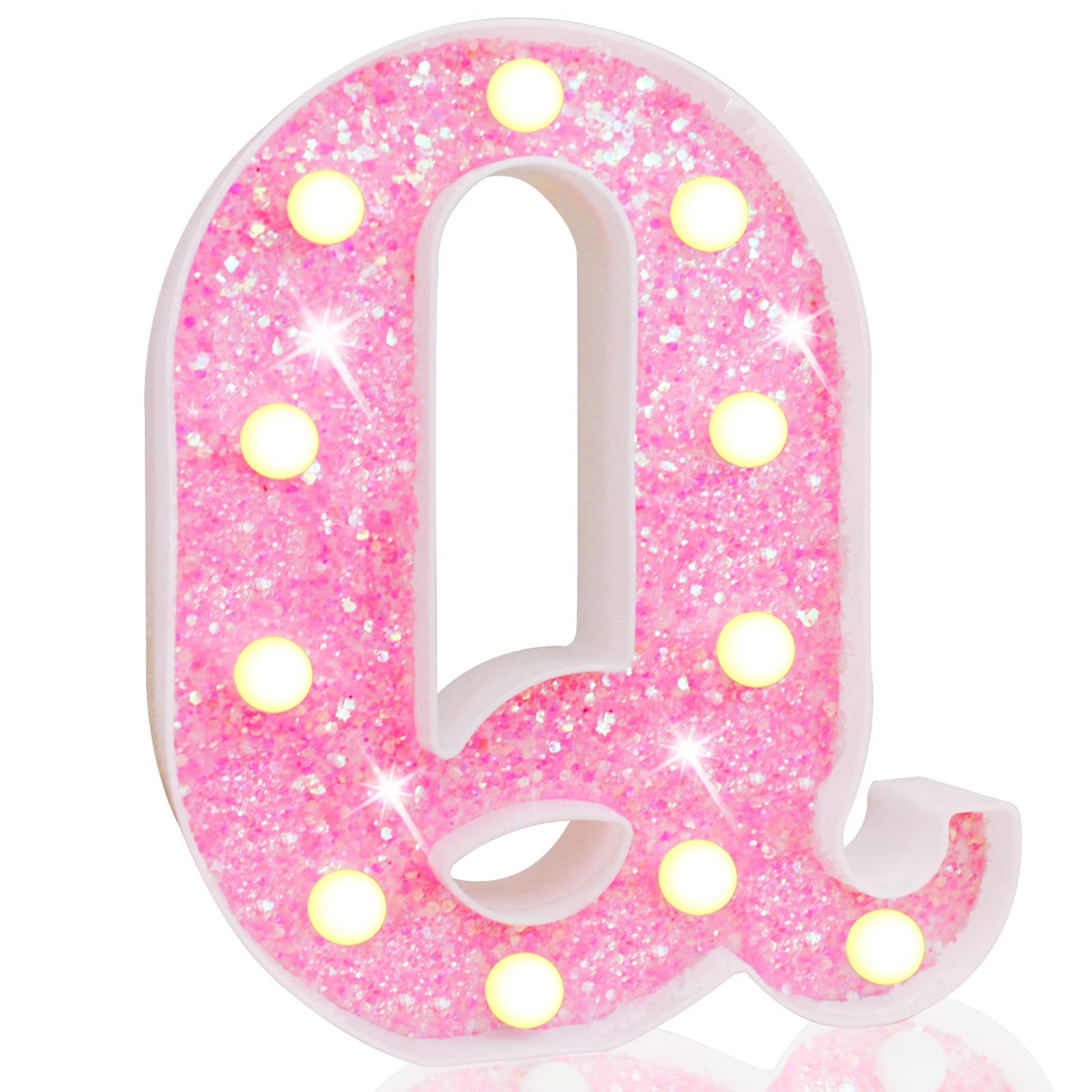 Pooqla LED Marquee Letter Lights, Battery Powered Pink Glitter Q Sign for Birthday Party, Wedding, Home Bar, Christmas Decoration