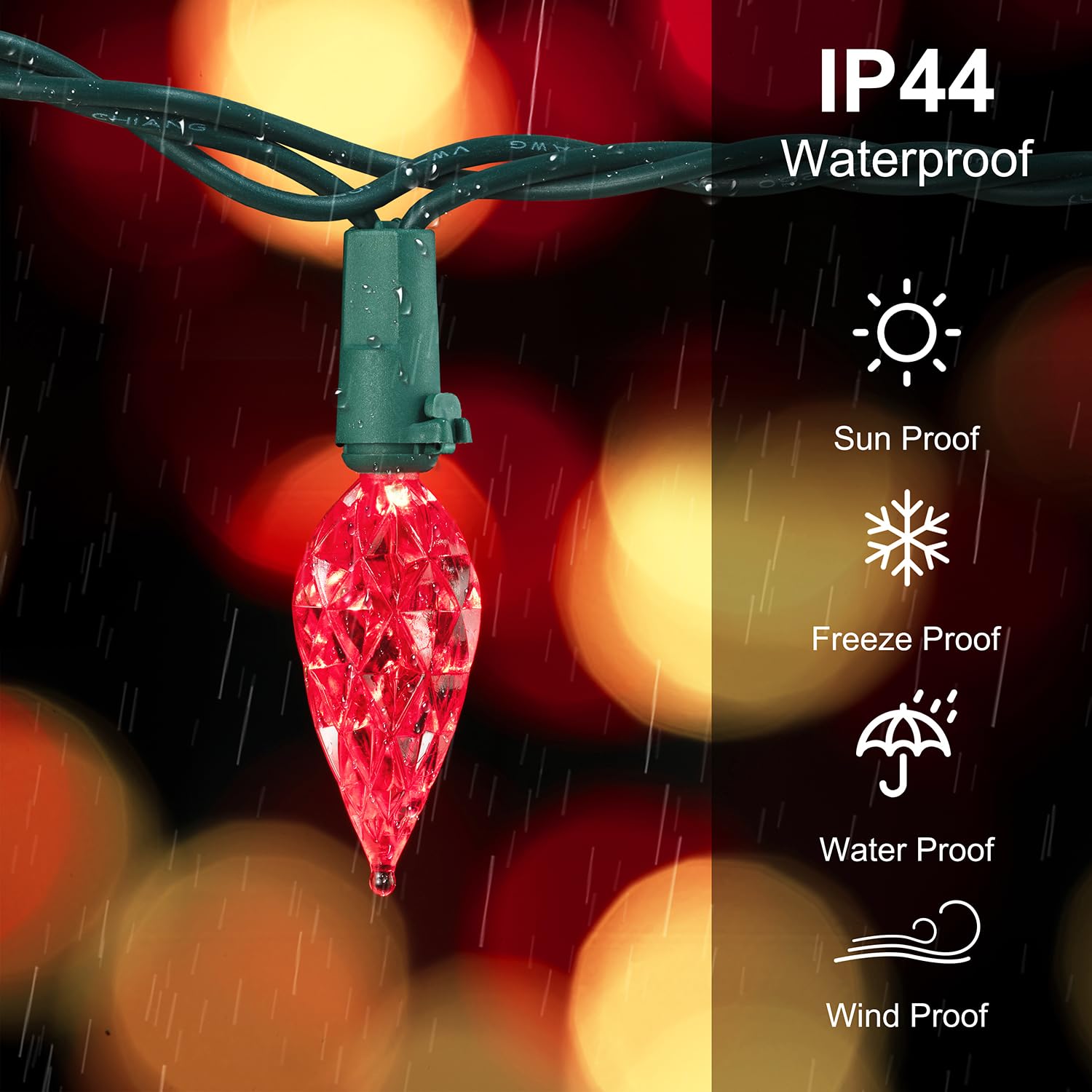 BOHON LED Christmas Lights Outdoor, 50 Faceted C6 Bulbs, 25ft, Waterproof, Green Wire, Red and Warm White, Model BH-KLC6D50L