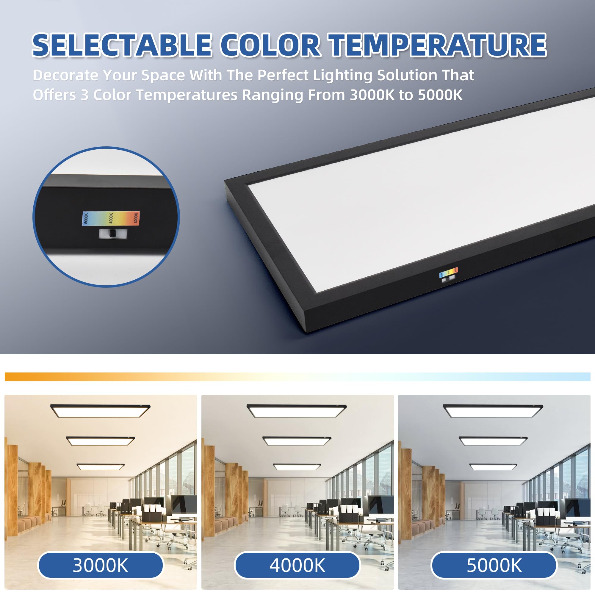 hykolity LED Flat Panel Light 1x4 FT 4800lm Dimmable 3000K/4000K/5000K Metal Black Model IPN2-1040