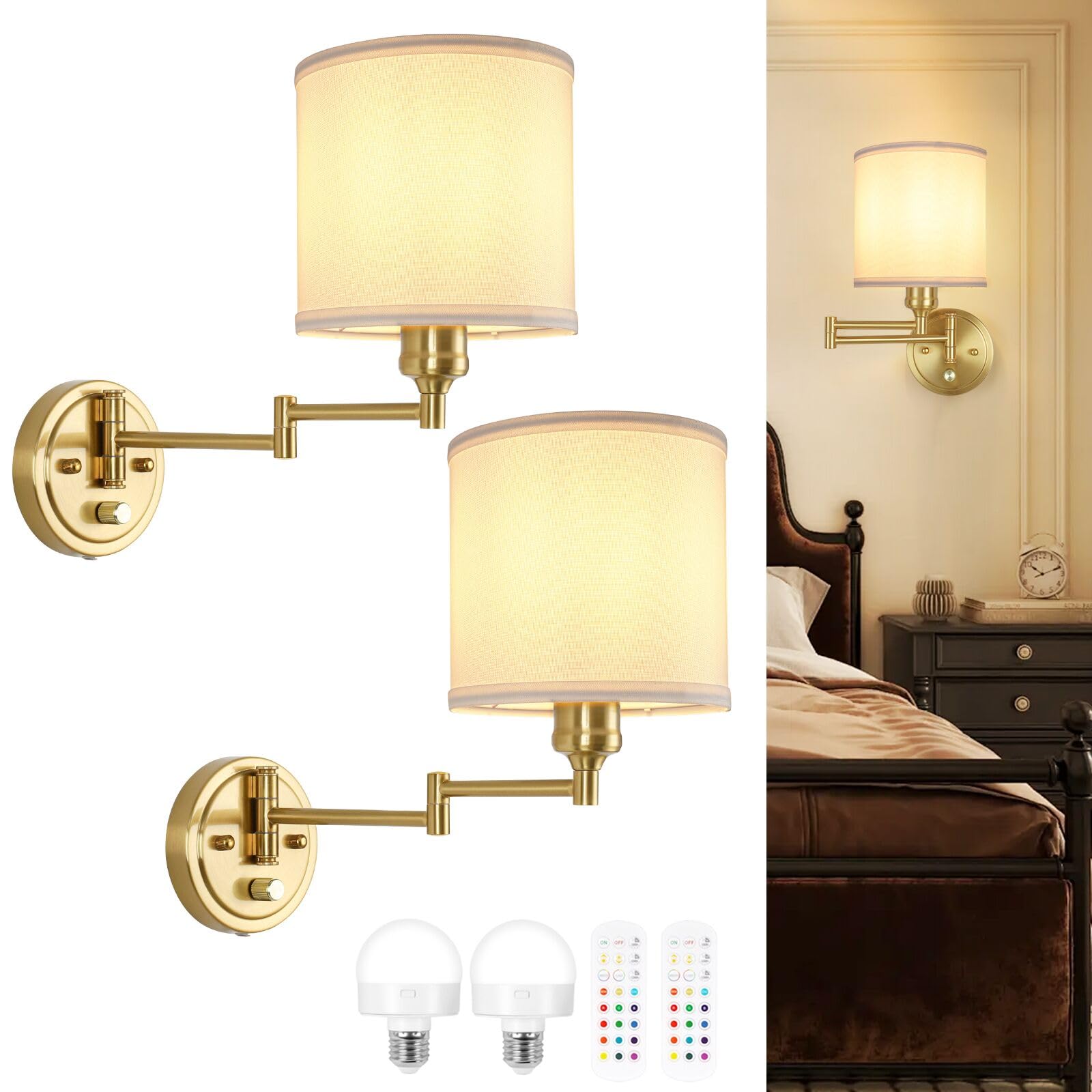 Goodate Battery Operated Wall Sconce With Remote Control, 15 Colors Dimmable Wireless Wall Sconces Set Of Two, Rechargeable Cord