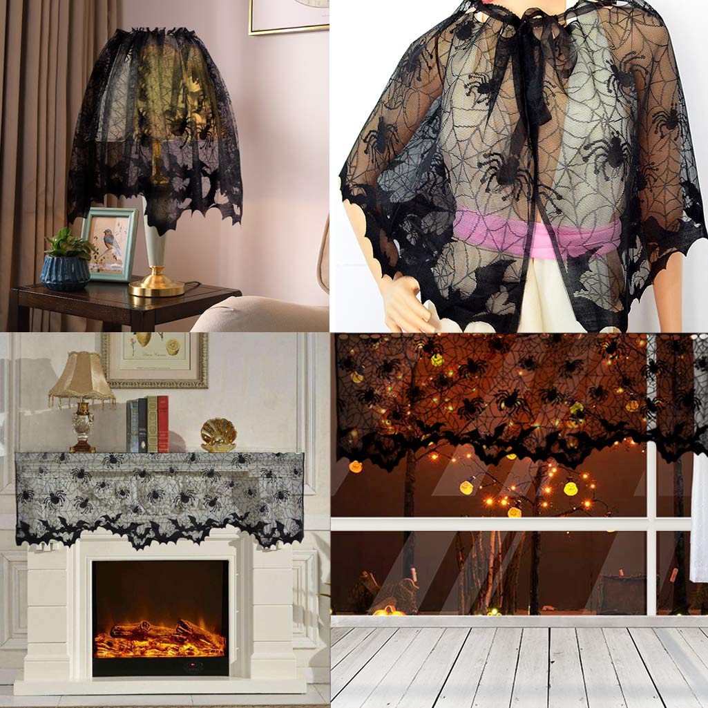 Poualss 3Pcs Halloween Lamp Shade Cover Black Lace Spider Web Lampshade Cover Topper Scarf For Halloween Lamp Decorations, 20 X