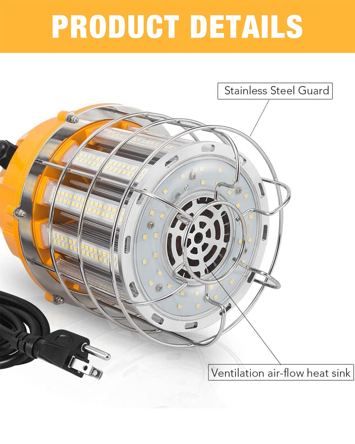 Jc-Lgl Led Temporary Work Light 60W, Led Construction Lights 7,200Lm 5000K Daylight, Stainless Steel Guard Portable Hanging Work Lighting Workshop Jobsite Light Outdoor