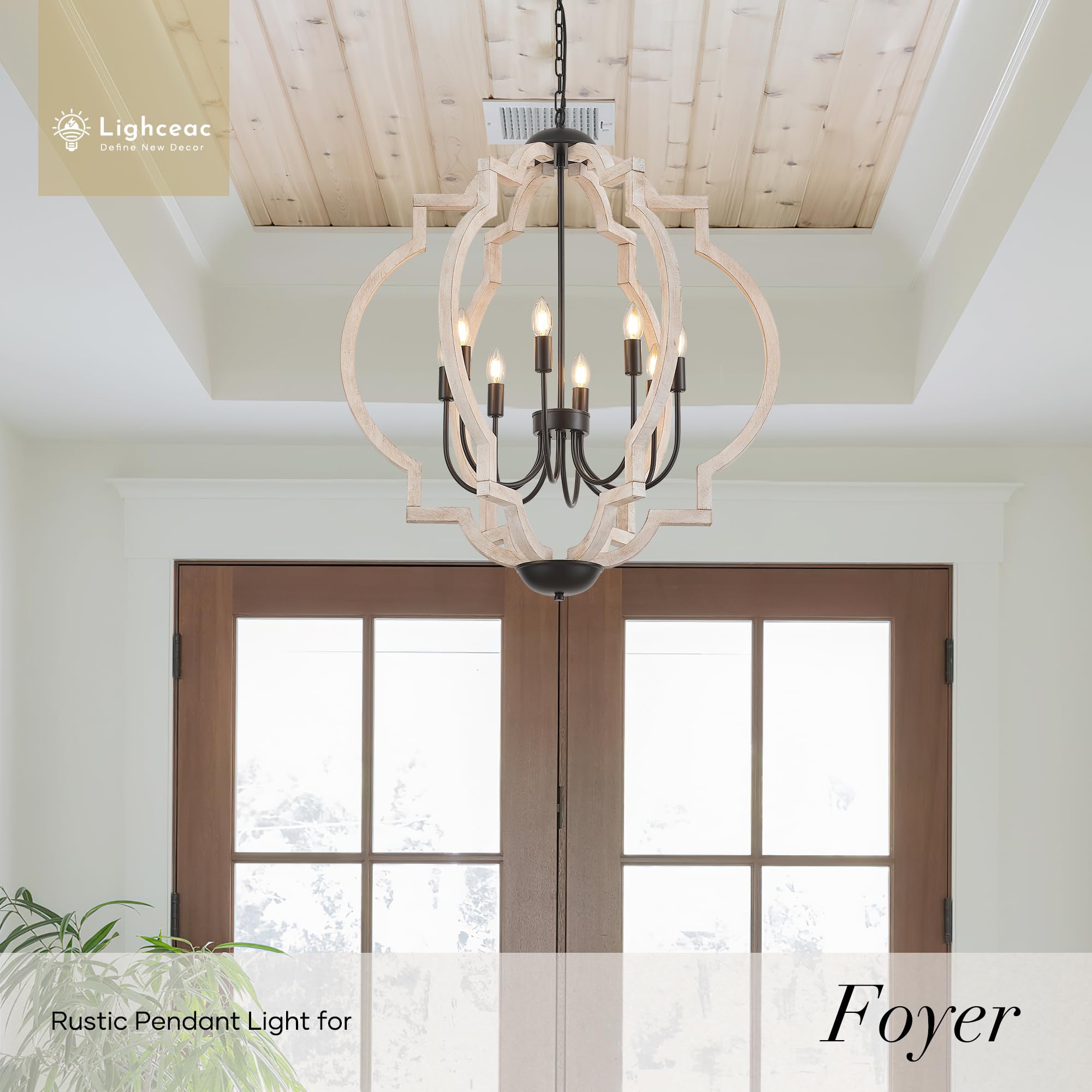 lighceac 8-Light Farmhouse Orb Chandelier, Distressed White Wood, 30.5" Pendant Light for Dining Room, Kitchen, Bedroom, Model LX-2120-8