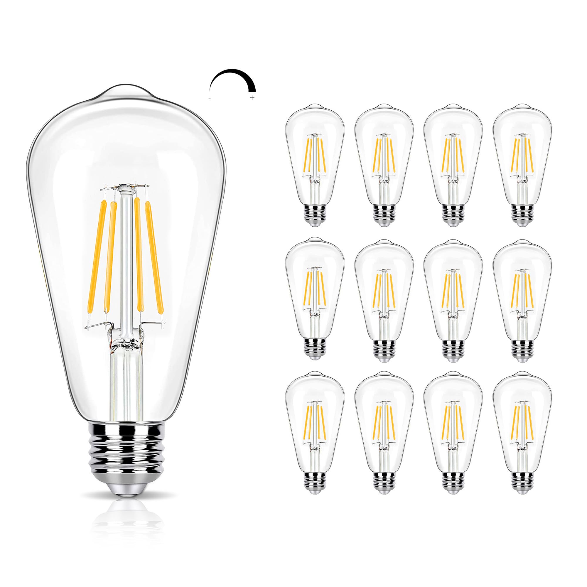 12 Pack Dimmable Led Edison Bulbs 40W Equivalent,4 Watt Filament Bulb,3000K Warm White St19 Light Bulb,450Lm E26 Vintage For Cei