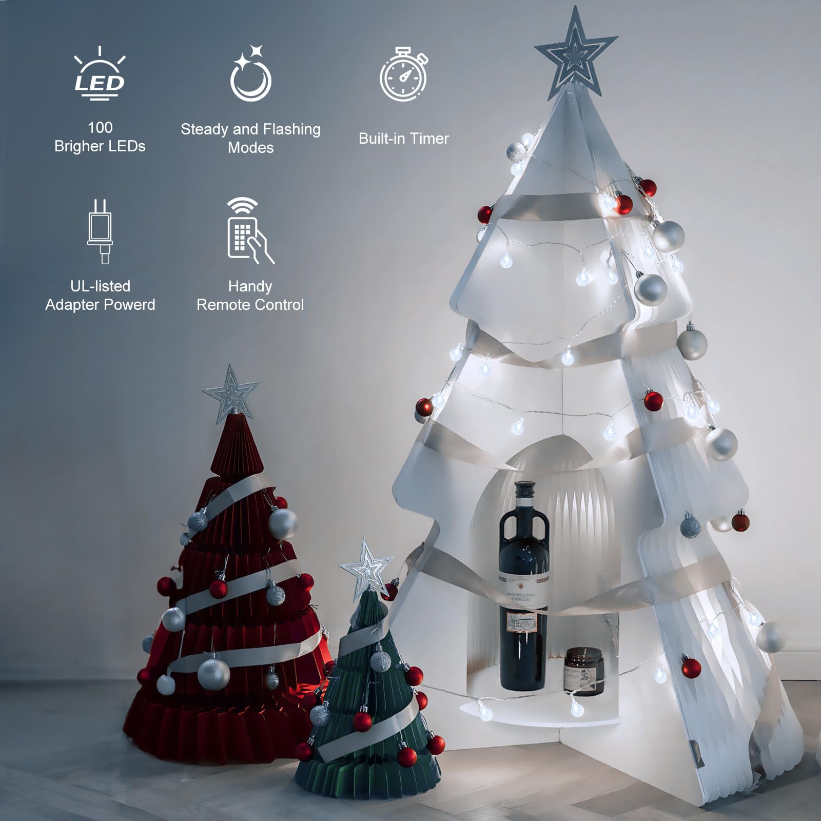 Minetom Crystal Globe String Lights - 33 ft, 100 LED, Waterproof, Remote & Timer - White