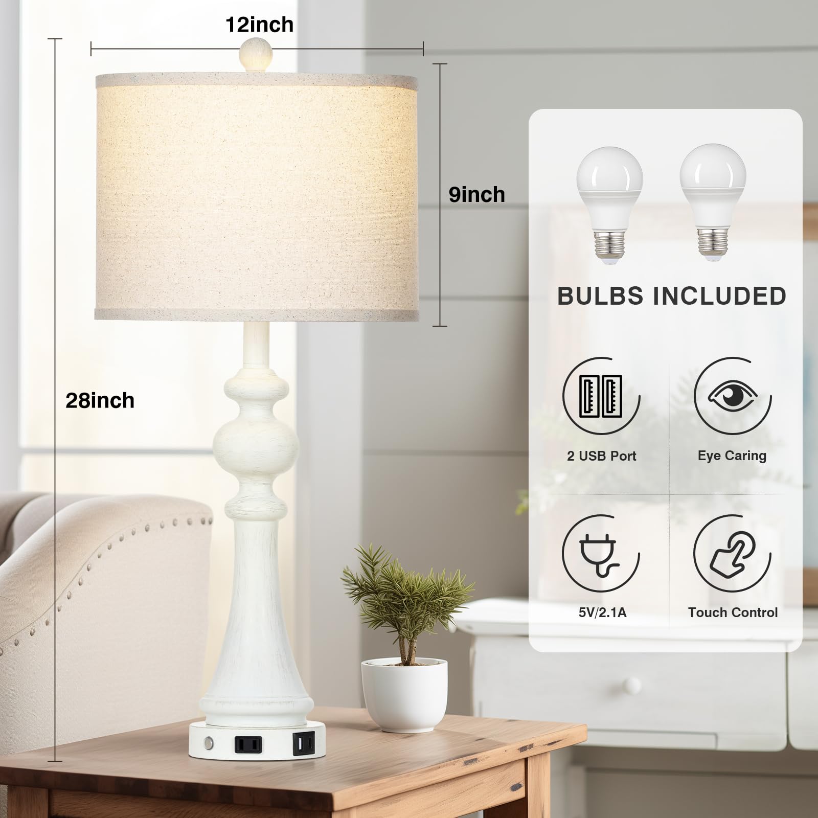 28'' Farmhouse Lamps Set Of 2 With Usb A+C Fast Ports & Ac Outlets, Vintage Rustic 3-Way Dimmable Touch Control Table Lamps, Rus