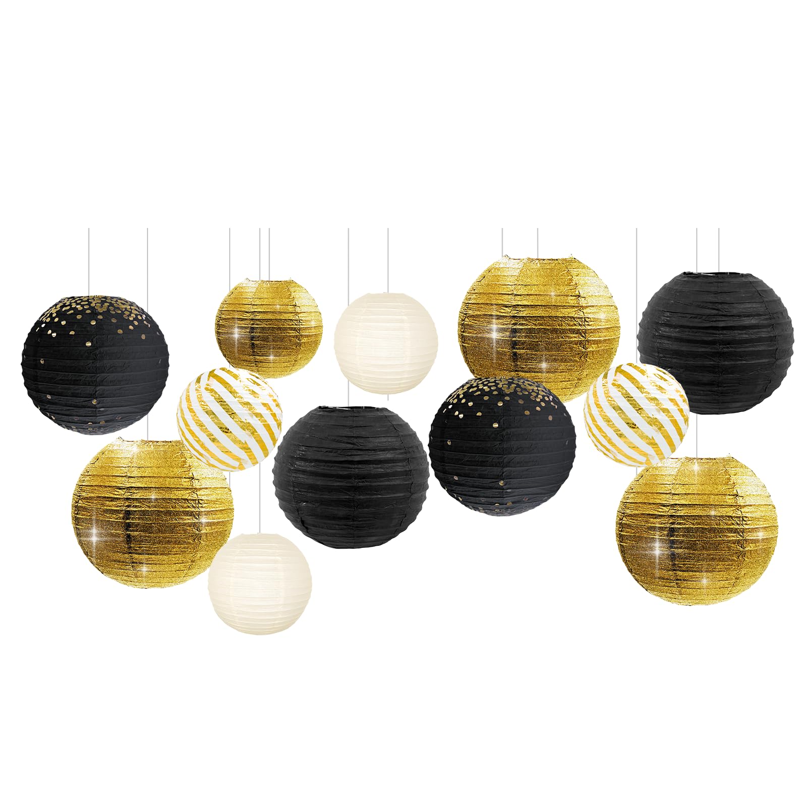 Nicrolandee 12Pcs Black Gold Foil Paper Lanterns For Weddings, Birthdays, And Parties