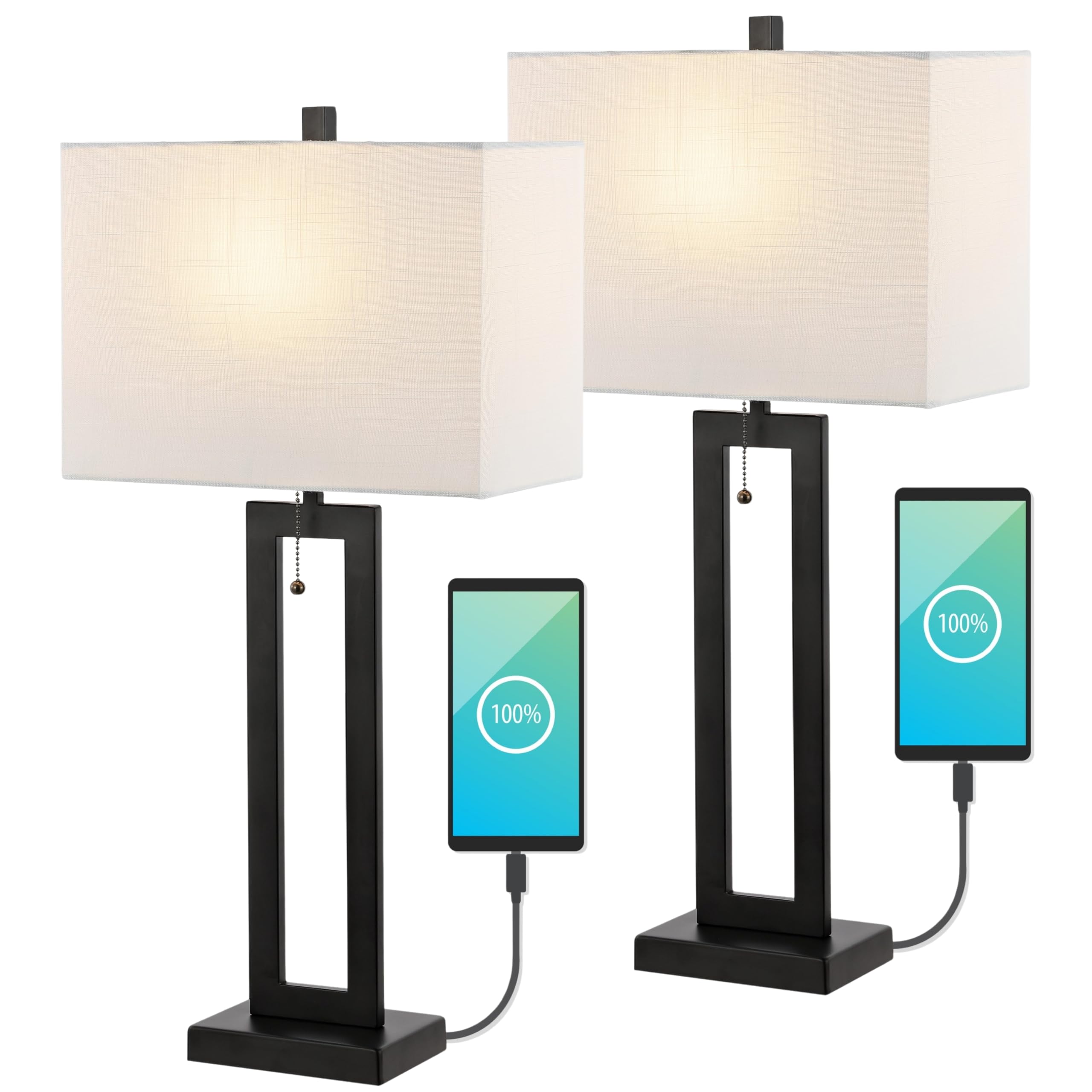 JONATHAN Y 28.5 Black Table Lamp Set of 2 with USB Port and Pull Chain, Modern Industrial Bedside Lamp for Living Room, Rectangu
