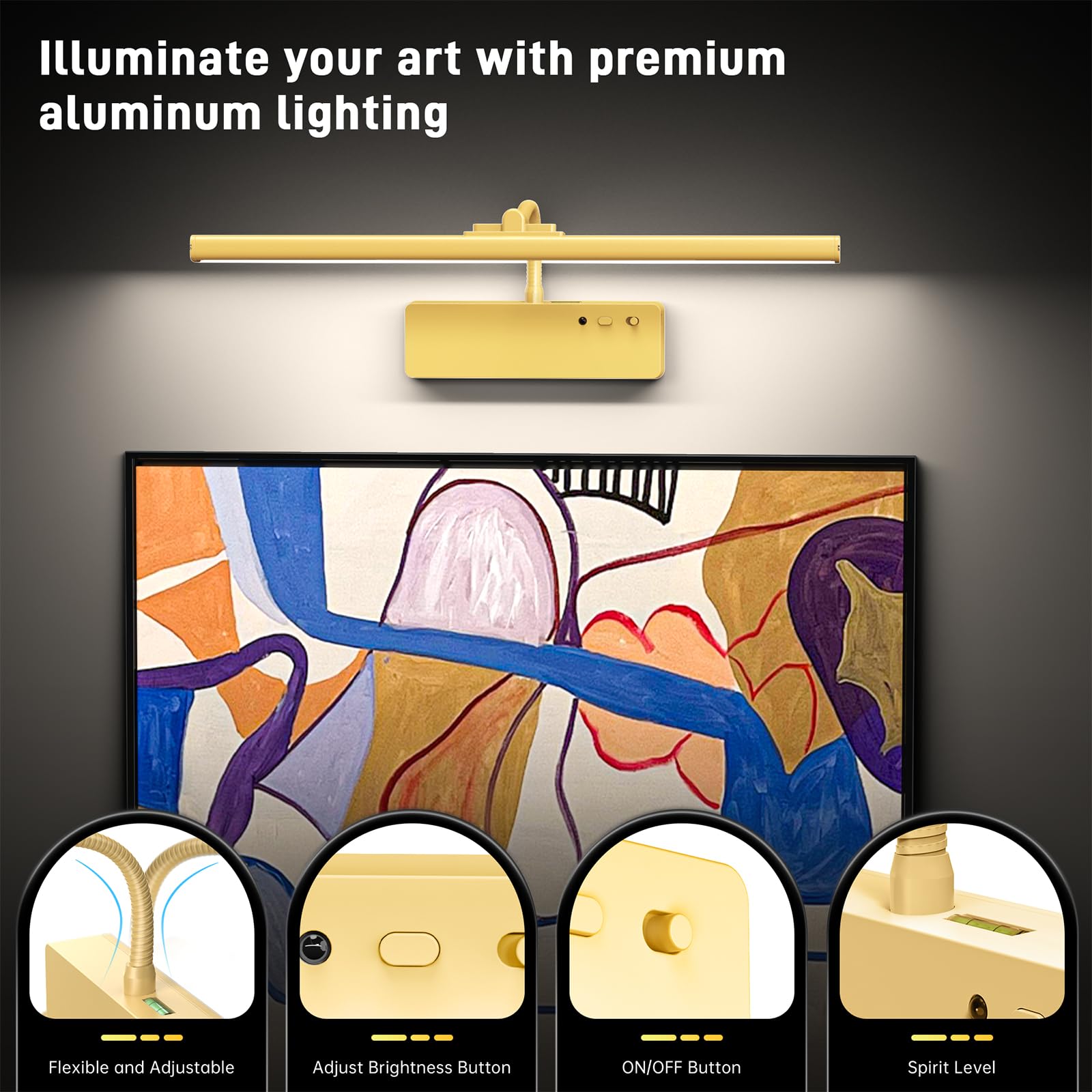 Racokky 15.35 Wireless Picture Light - Rechargeable 5400mAh Battery, Remote, 3 Color Art Lighting, Dimmable, Gold Finish for Paintings