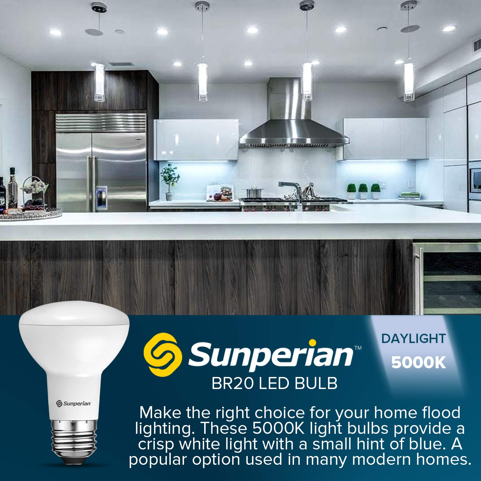 SUNPERIAN BR20 LED Bulb 6W=50W 5000K Daylight 550 Lumens Dimmable 6 Pack E26 Standard Base